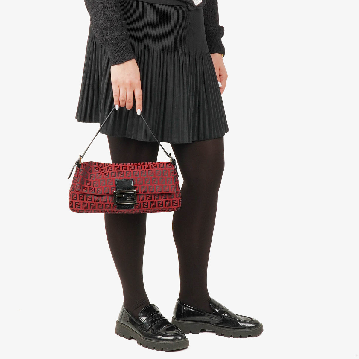 Fendi Red and Black Baguette Zucchino Shoulder Bag