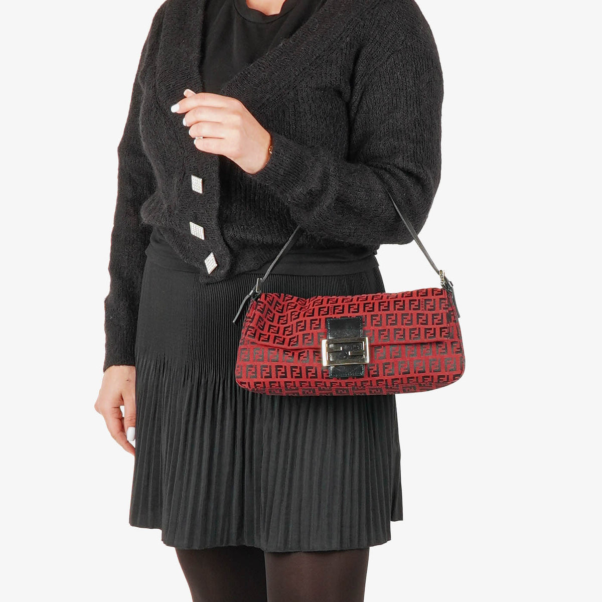 Fendi Red and Black Baguette Zucchino Shoulder Bag