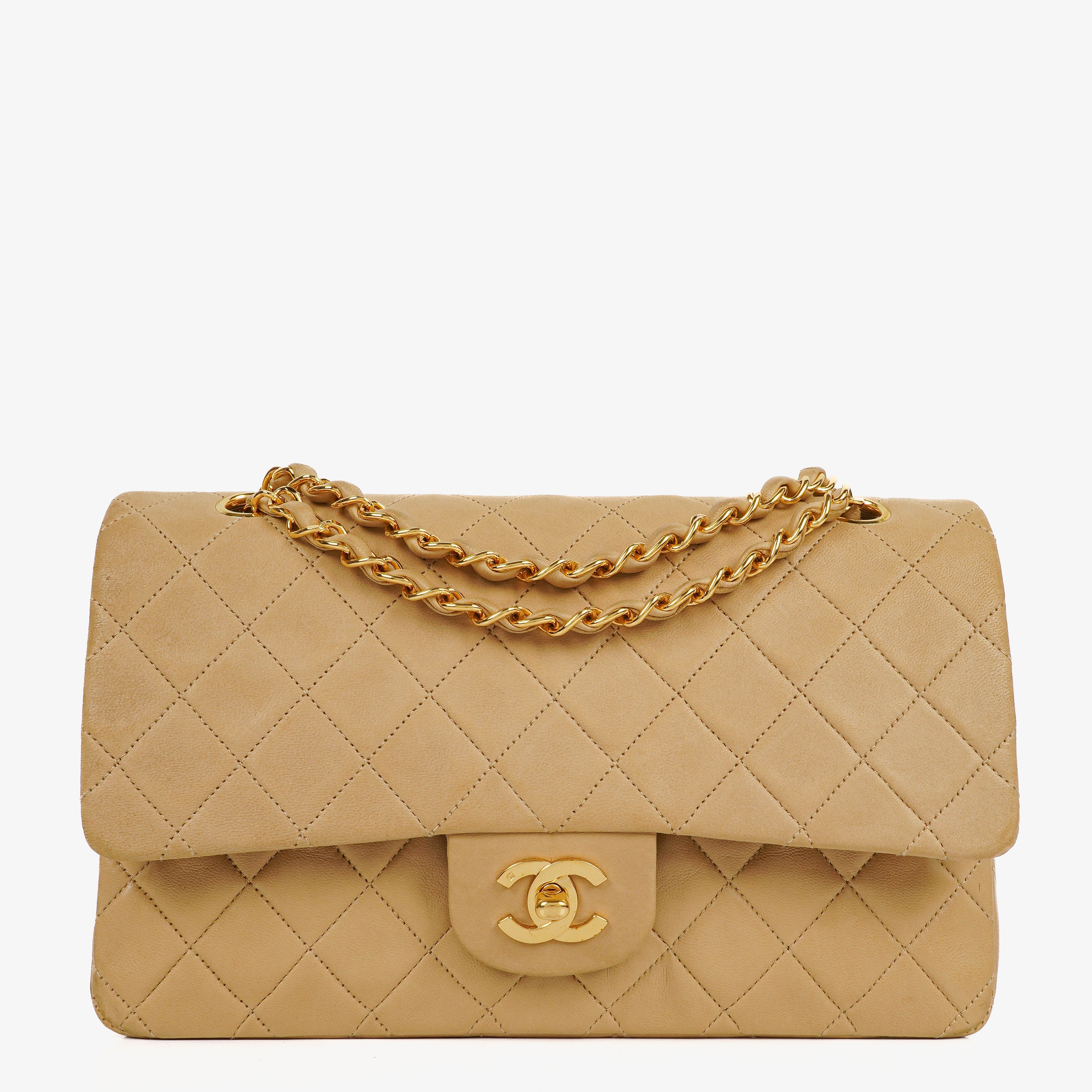Chanel Medium Classic Vintage Double Flap Bag Beige Quilted Lambskin 24K Gold-Plated Hardware