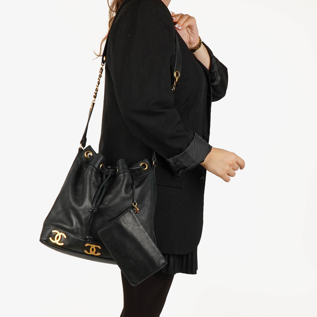 Chanel Black Leather CC Drawstring Shoulder Bag