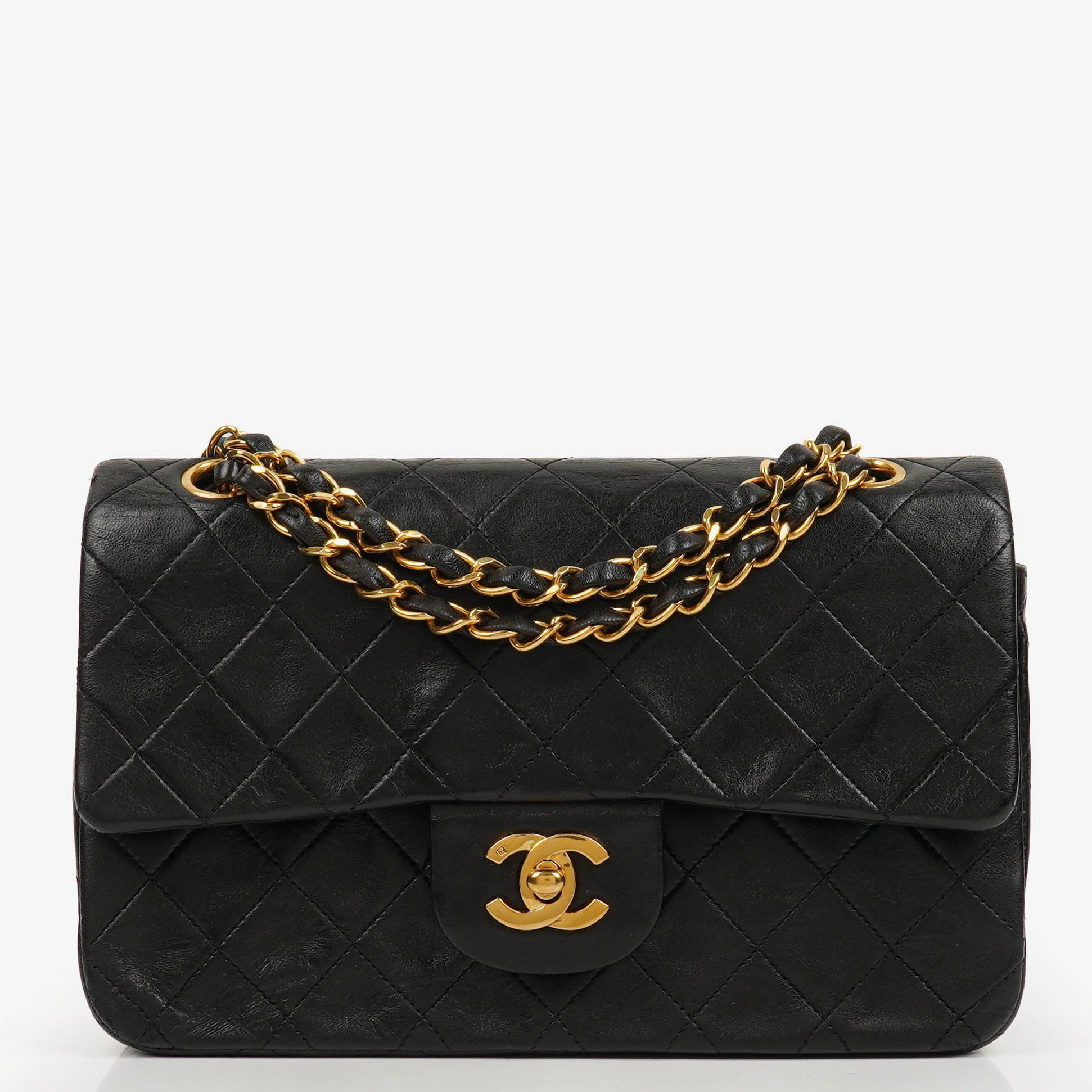 Chanel Vintage Classic Double Flap Bag in Quilted Black Lambskin with 24K Gold-Plated Hardware