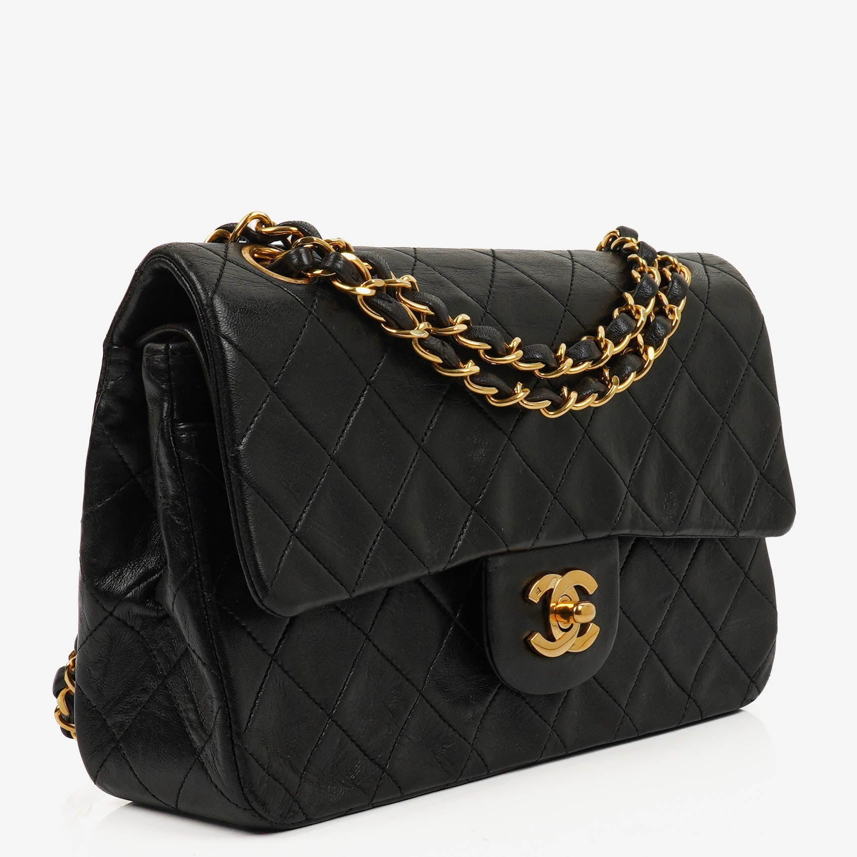 Chanel Vintage Classic Double Flap Bag in Quilted Black Lambskin with 24K Gold-Plated Hardware