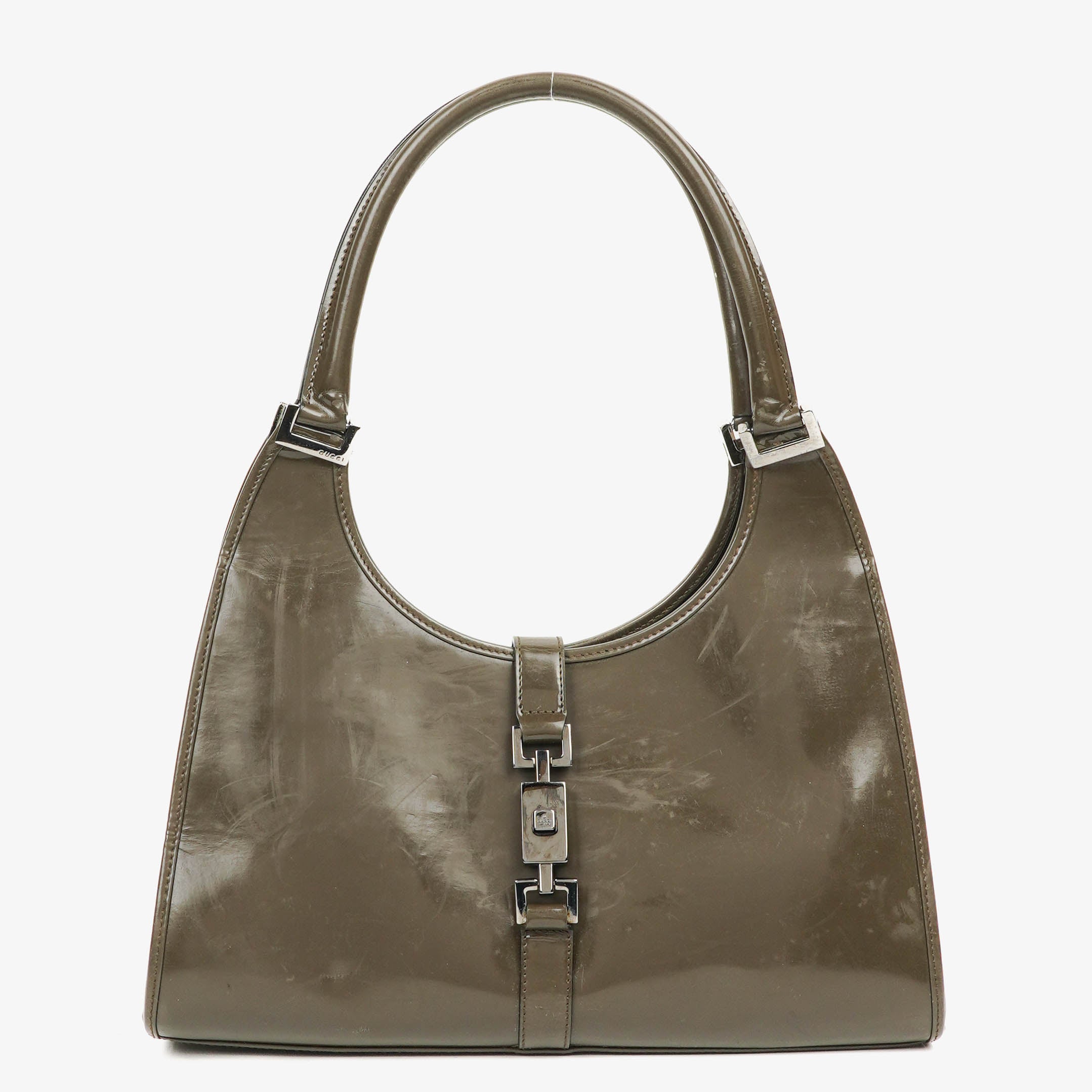 Gucci Jackie Bardot Vintage Olive Green Patent Leather Handbag