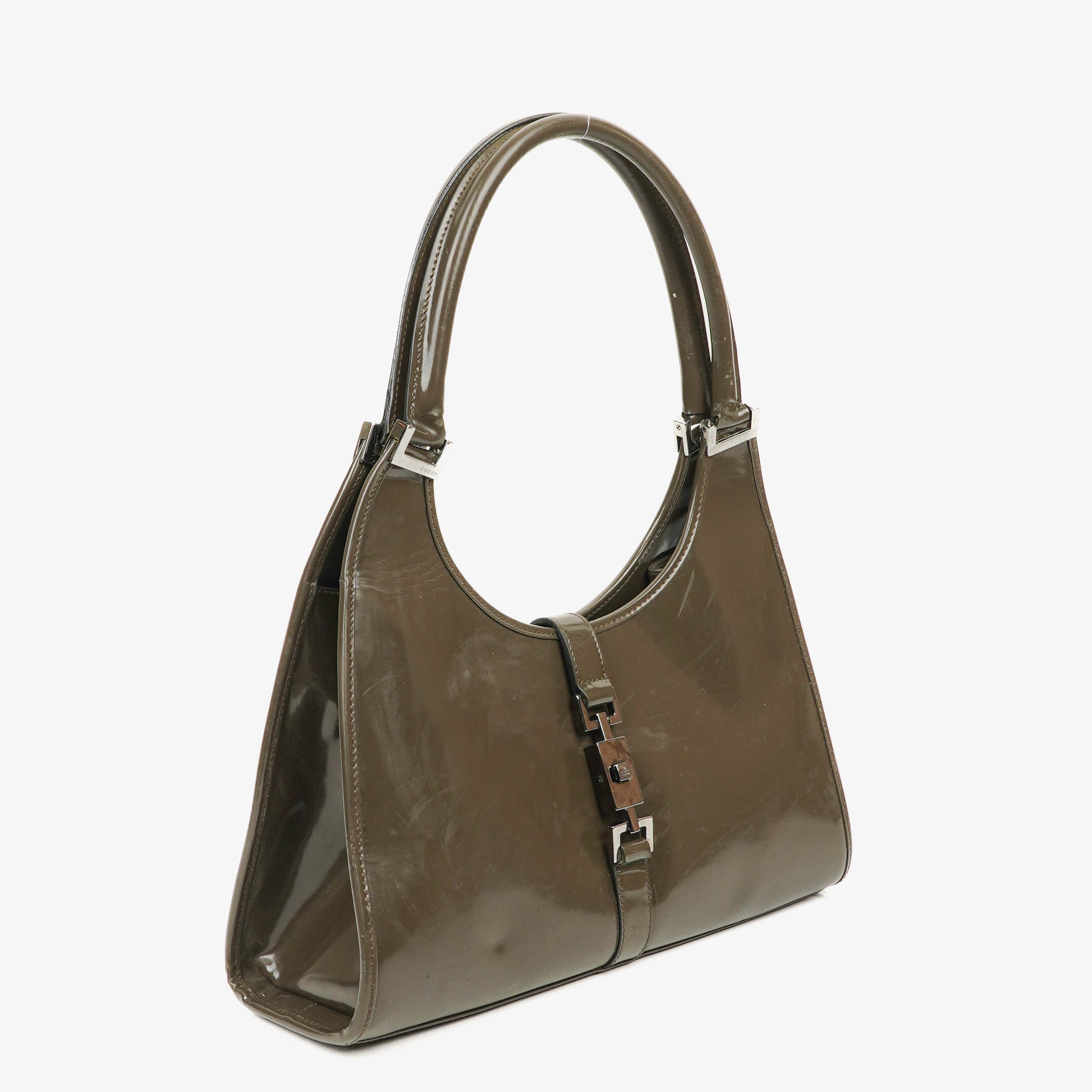 Gucci Jackie Bardot Vintage Olive Green Patent Leather Handbag