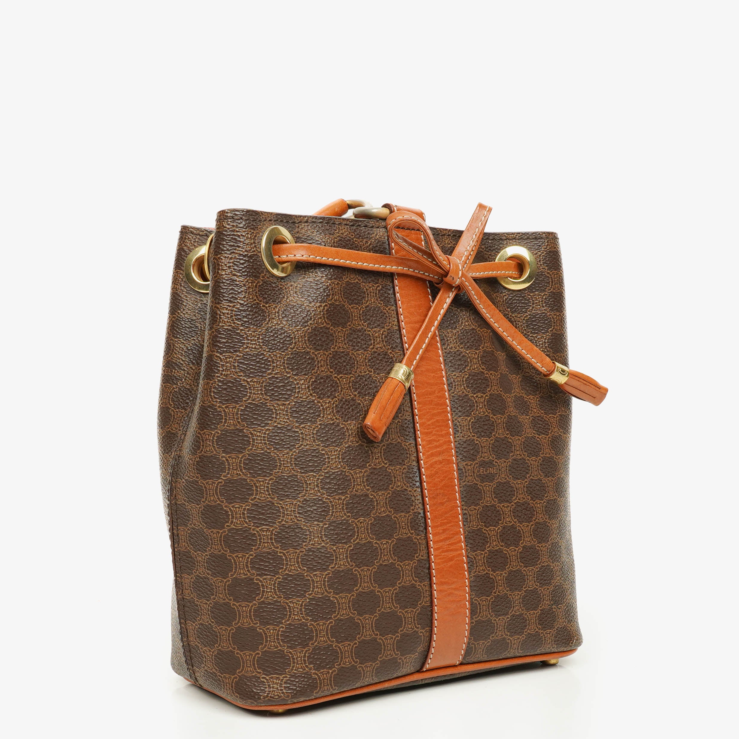 Celine Vintage Macadam Brown Drawstring Bucket Bag