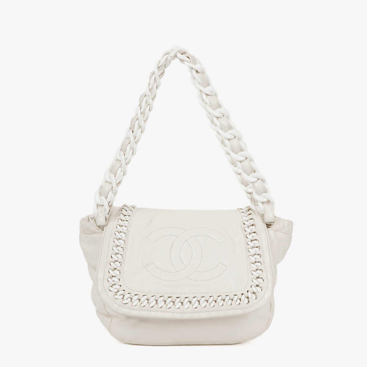 Chanel Crinkled Patent Modern White Plastic Chain Flap Bag