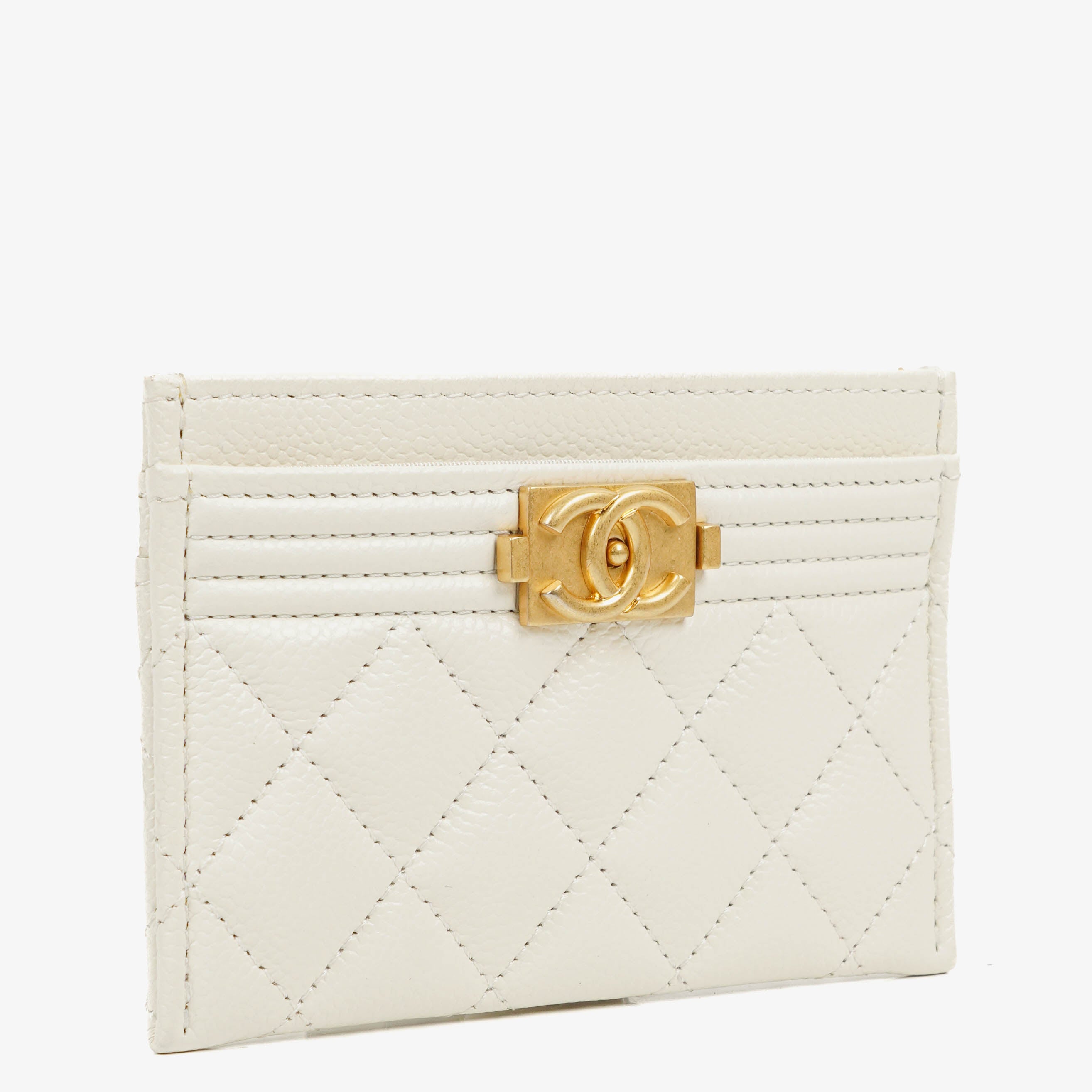 Chanel Boy White Caviar Quilted Card Holder