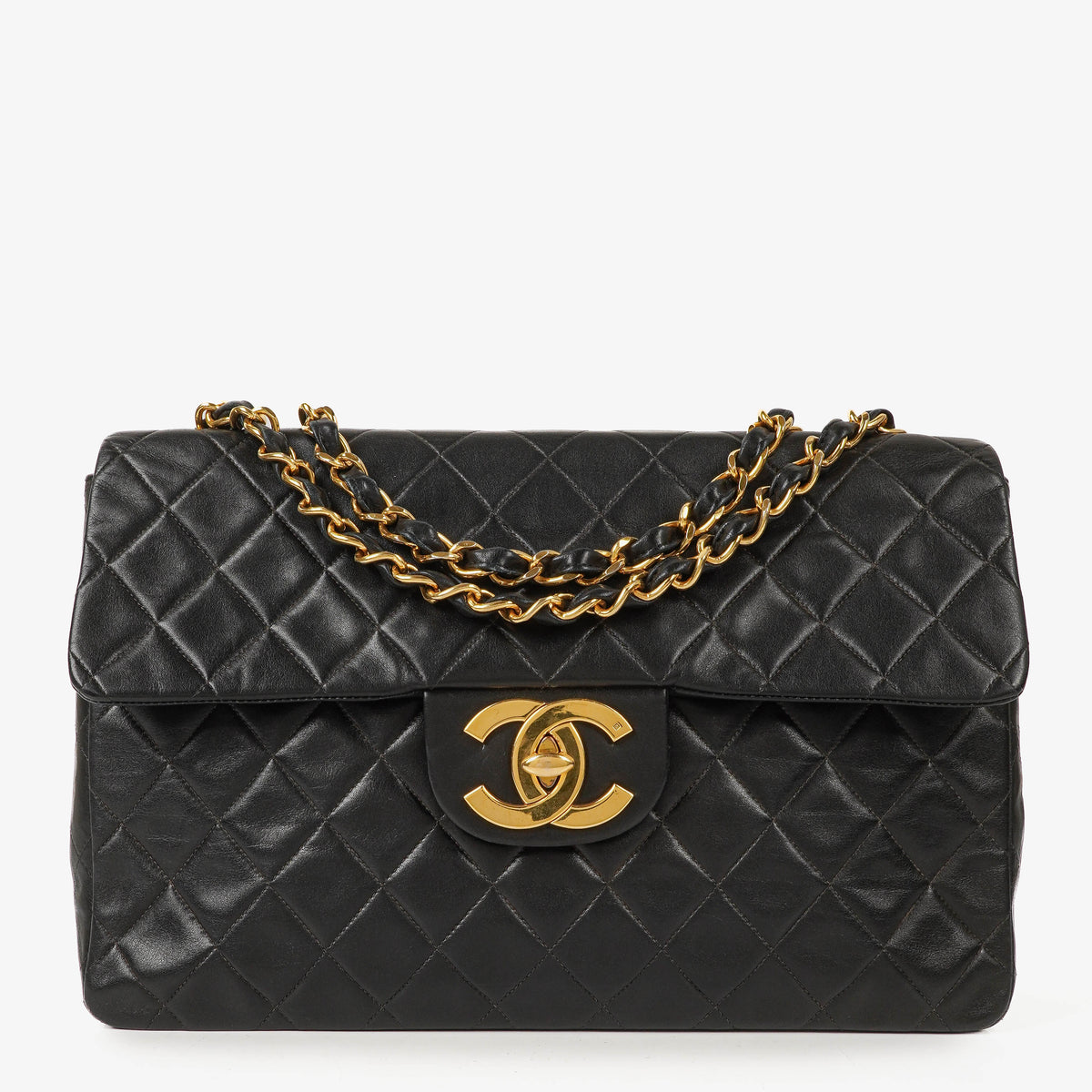 Chanel Jumbo CC Classic Single Flap Maxi Logo Bag Black Quilted Lambskin 24K Gold-Plated Hardware