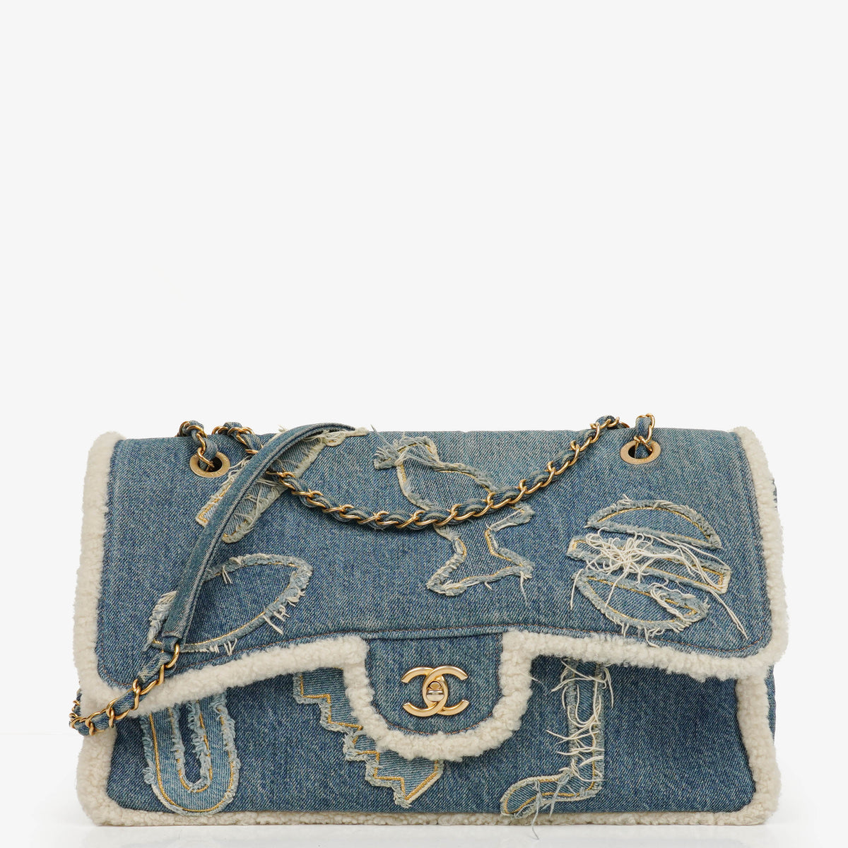 Chanel Denim Blue Denim Shearling Hieroglyph Single Flap Bag