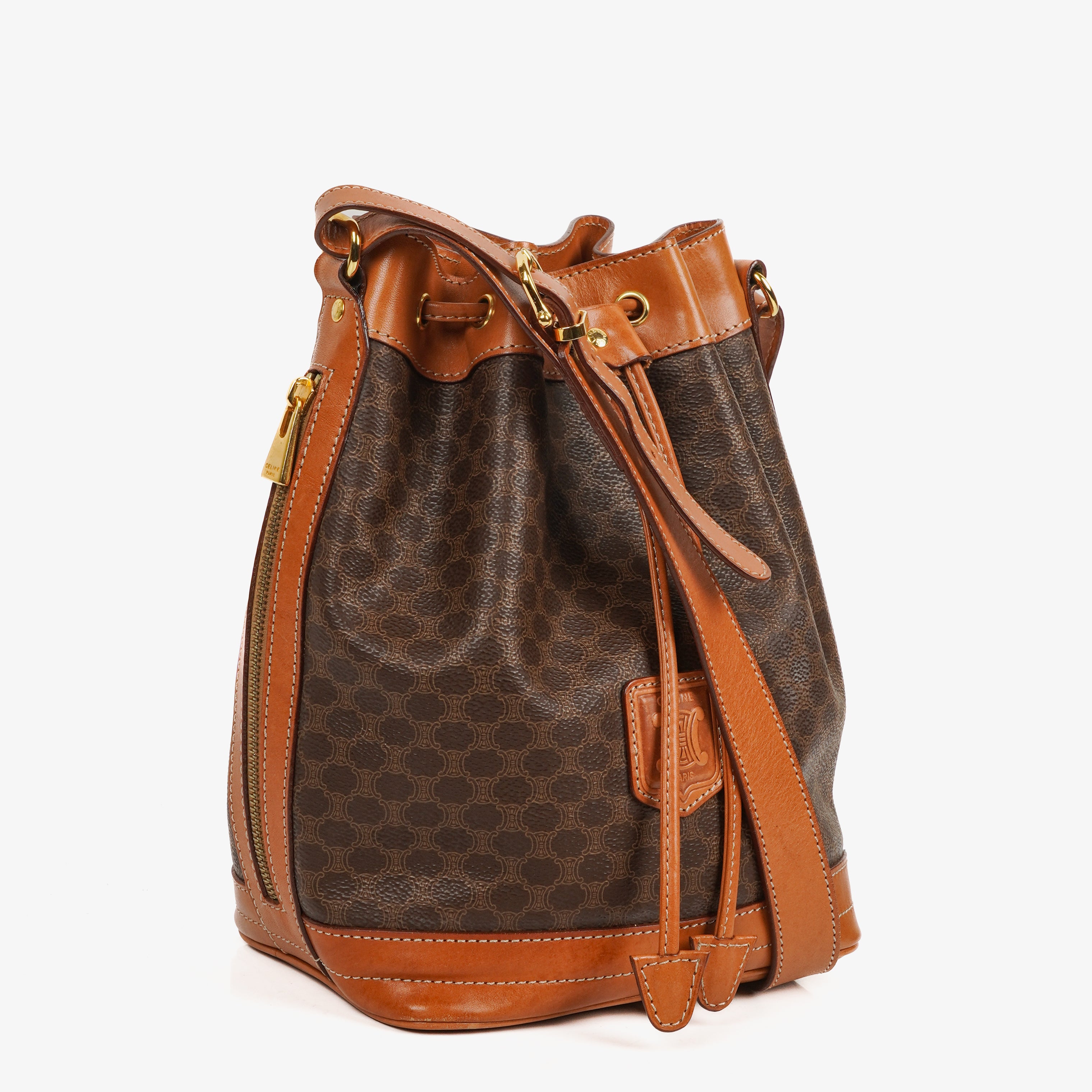 Celine Vintage Macadam Triomphe Drawstring Bucket Bag
