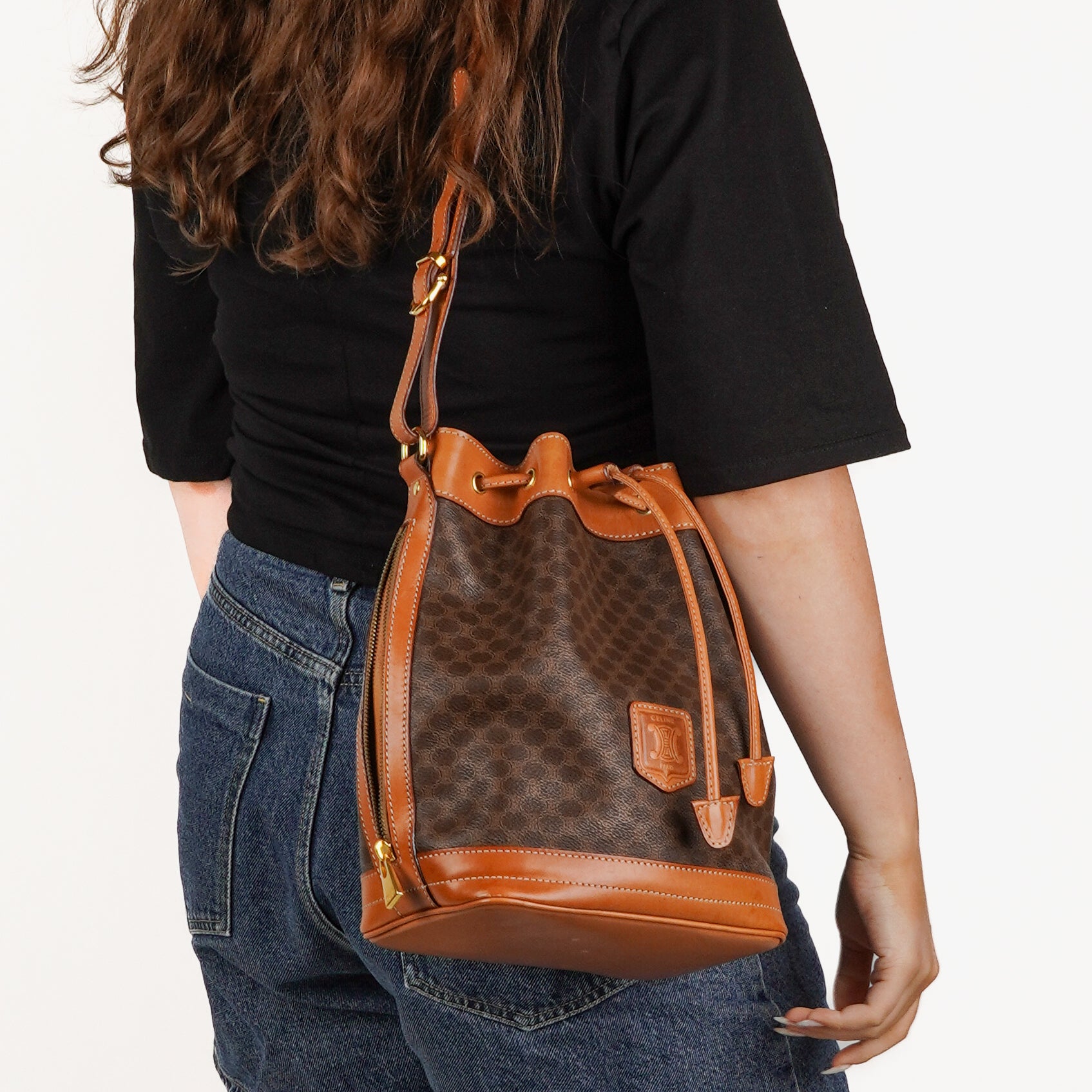 Celine Vintage Macadam Triomphe Drawstring Bucket Bag