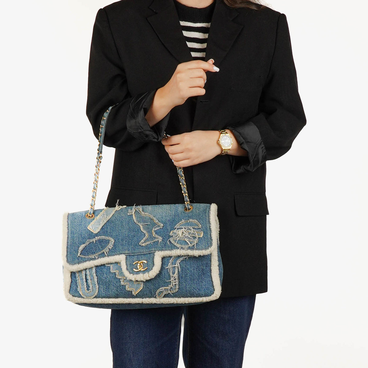 Chanel Denim Blue Denim Shearling Hieroglyph Single Flap Bag
