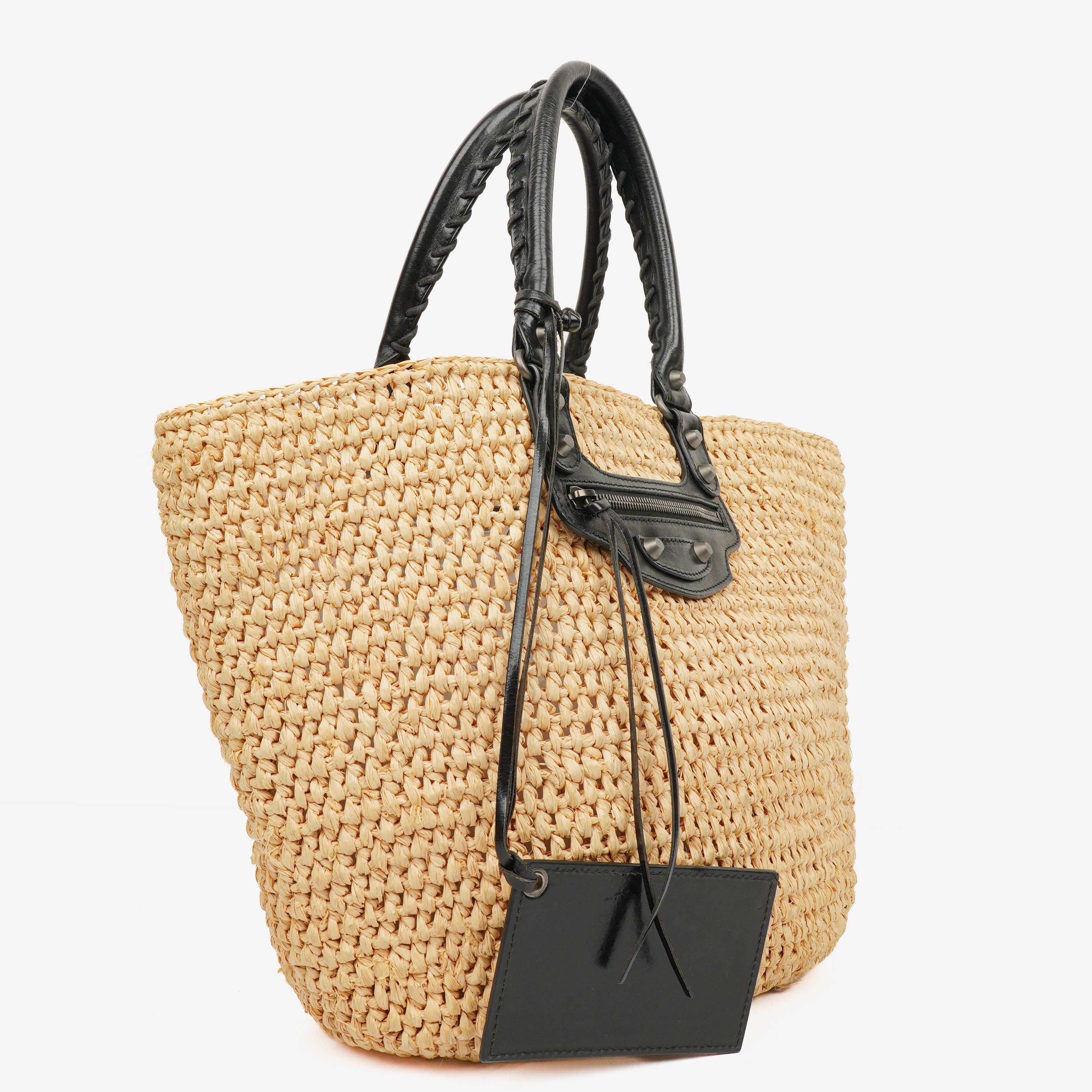 Balenciaga Woven Natural/Black Raffia Panier Tote Bag