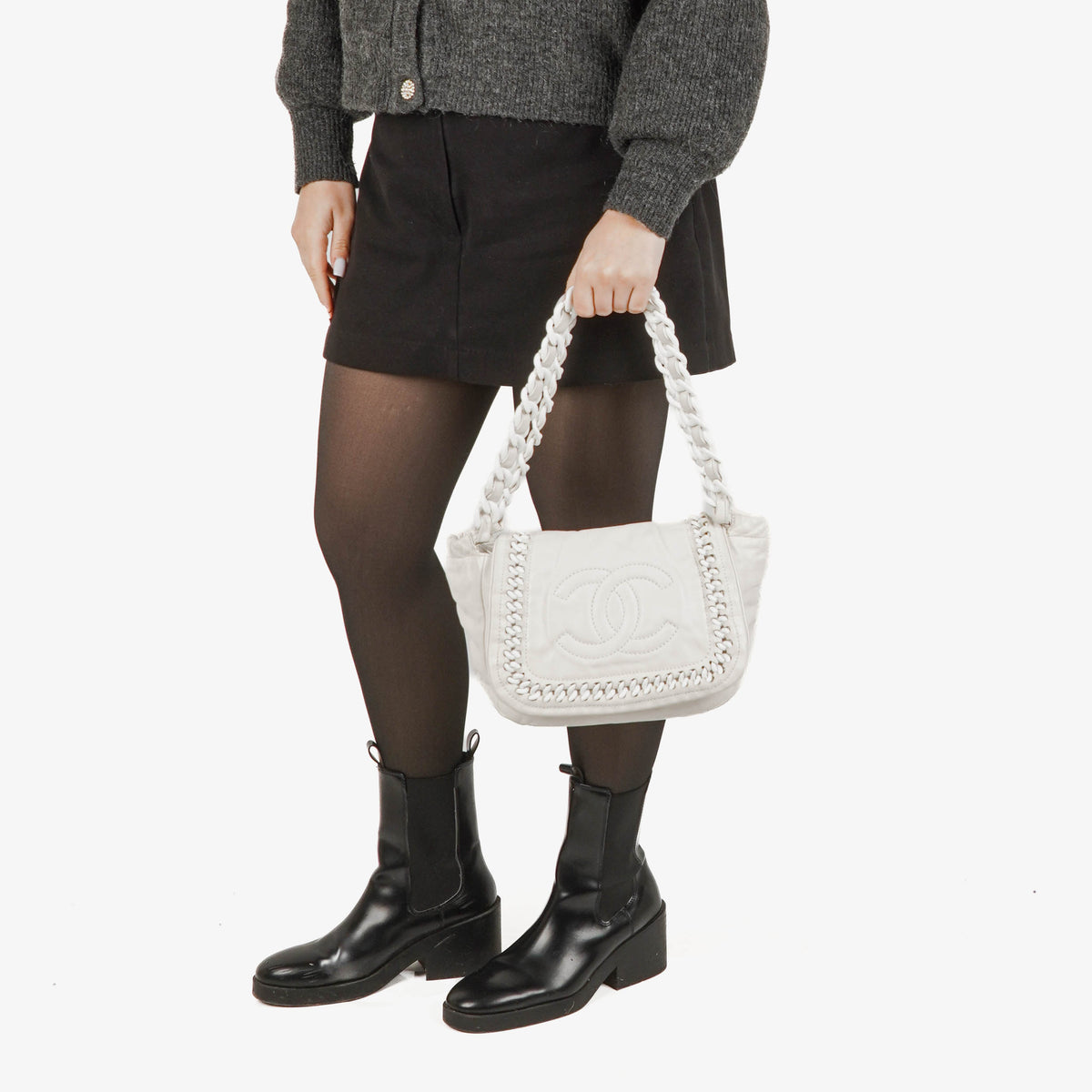 Chanel Crinkled Patent Modern White Plastic Chain Flap Bag
