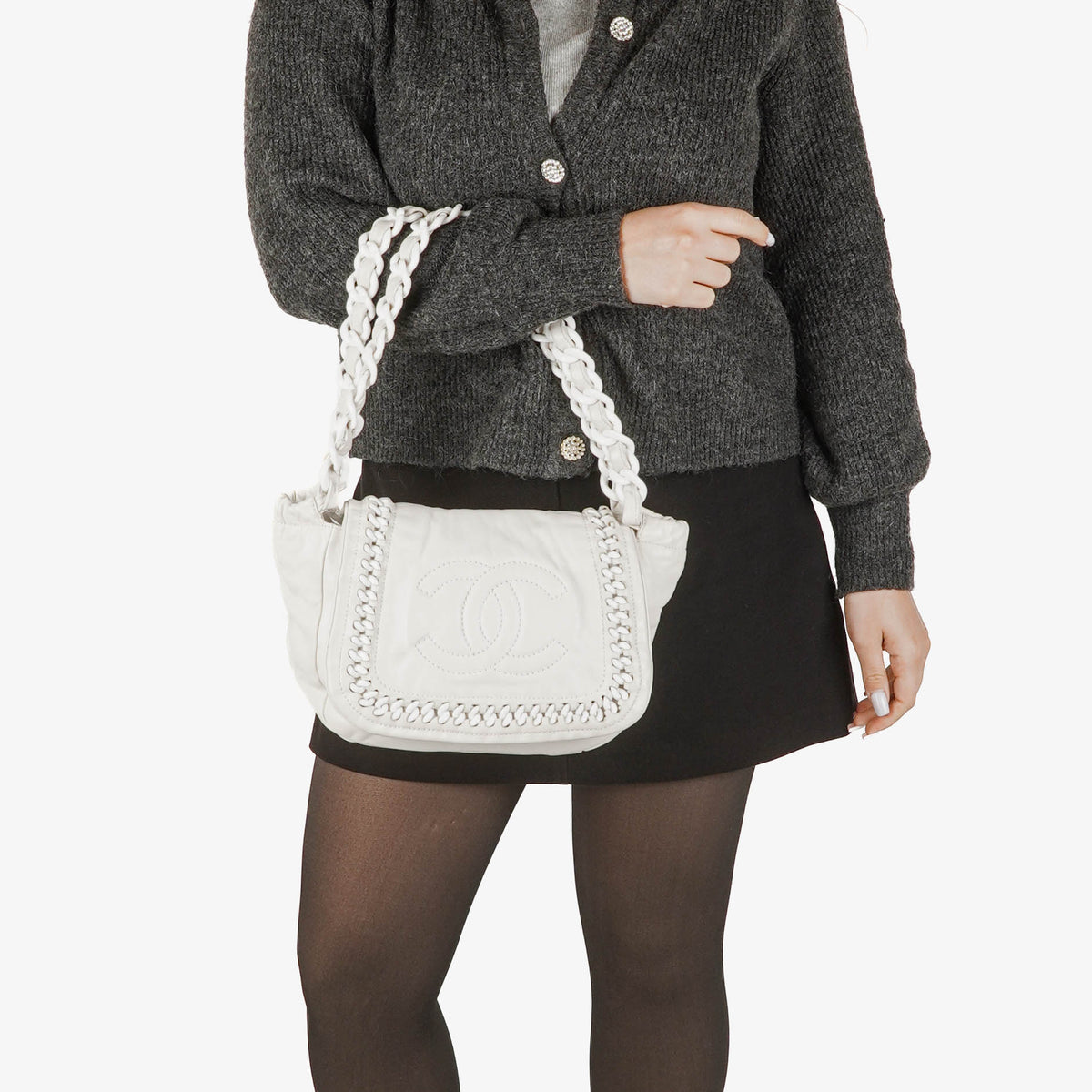 Chanel Crinkled Patent Modern White Plastic Chain Flap Bag