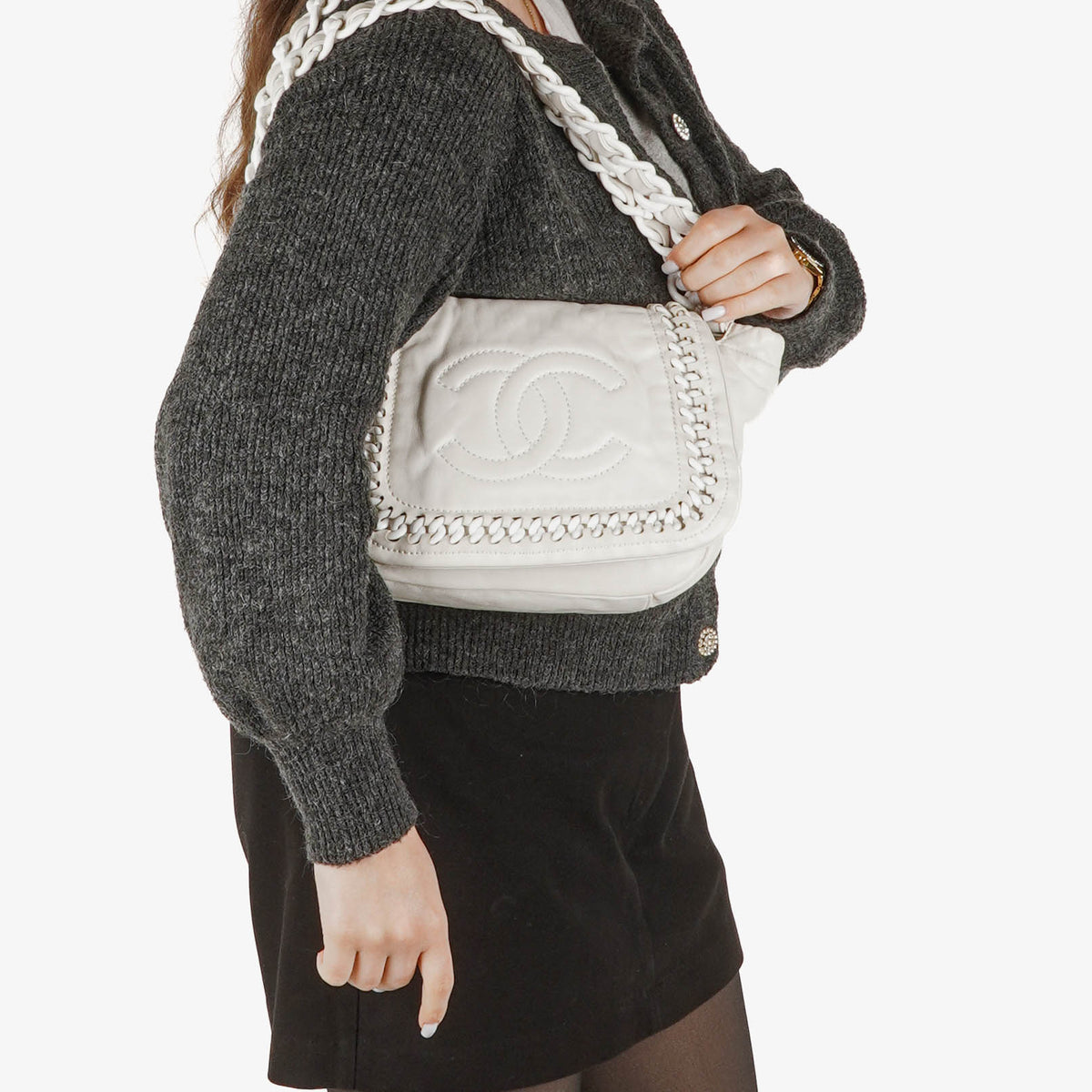 Chanel Crinkled Patent Modern White Plastic Chain Flap Bag