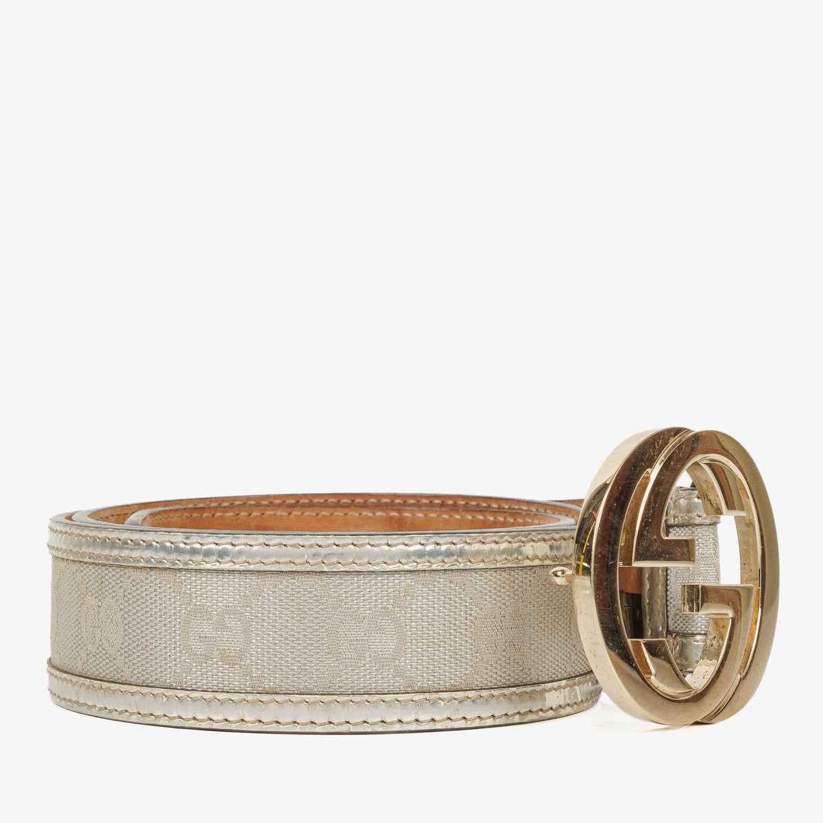 Gucci Metallic Silver GG Canvas and Patent Leather Interlocking G Buckle Belt 80 CM