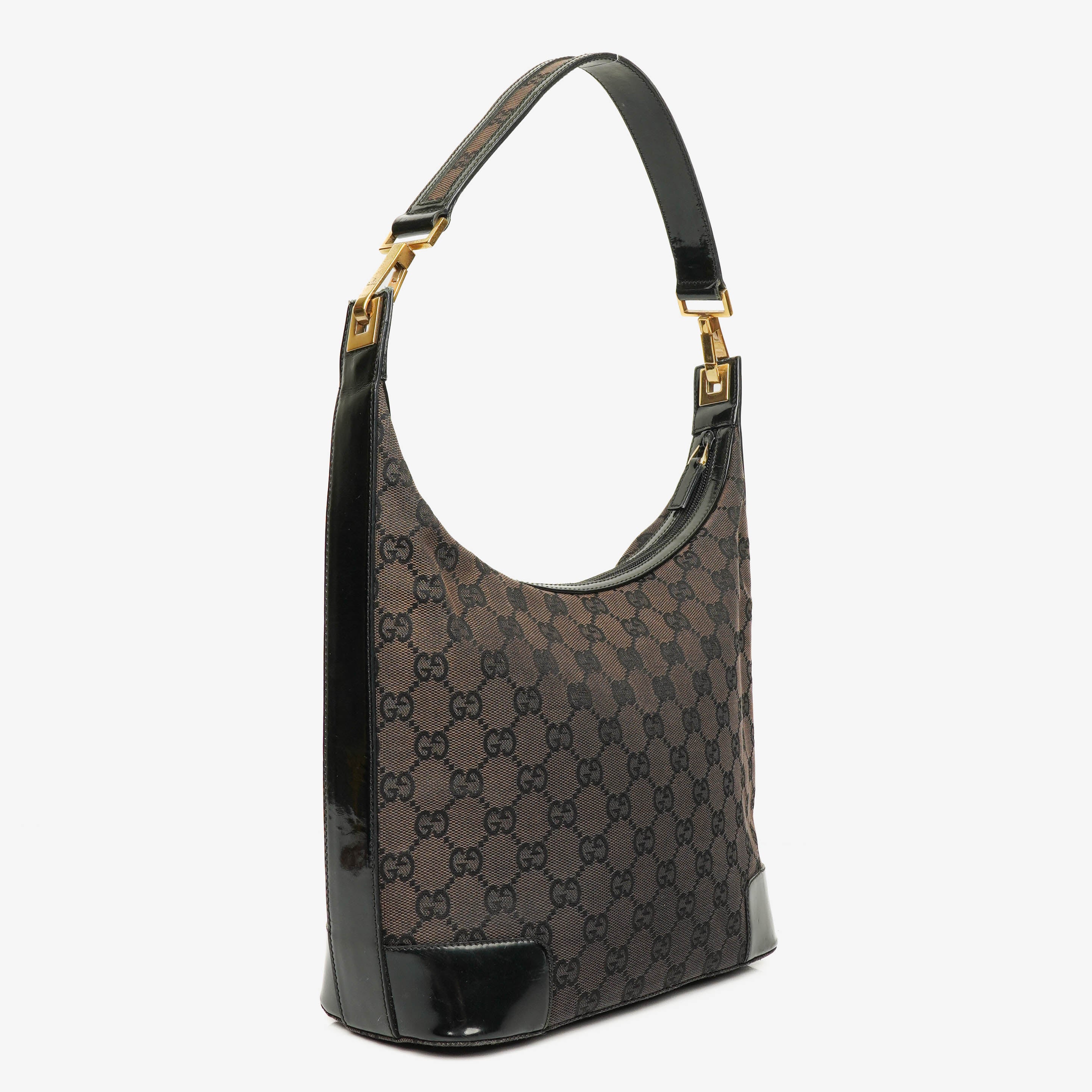 Gucci Monogram Canvas And Patent Leather Hobo Shoulder Bag