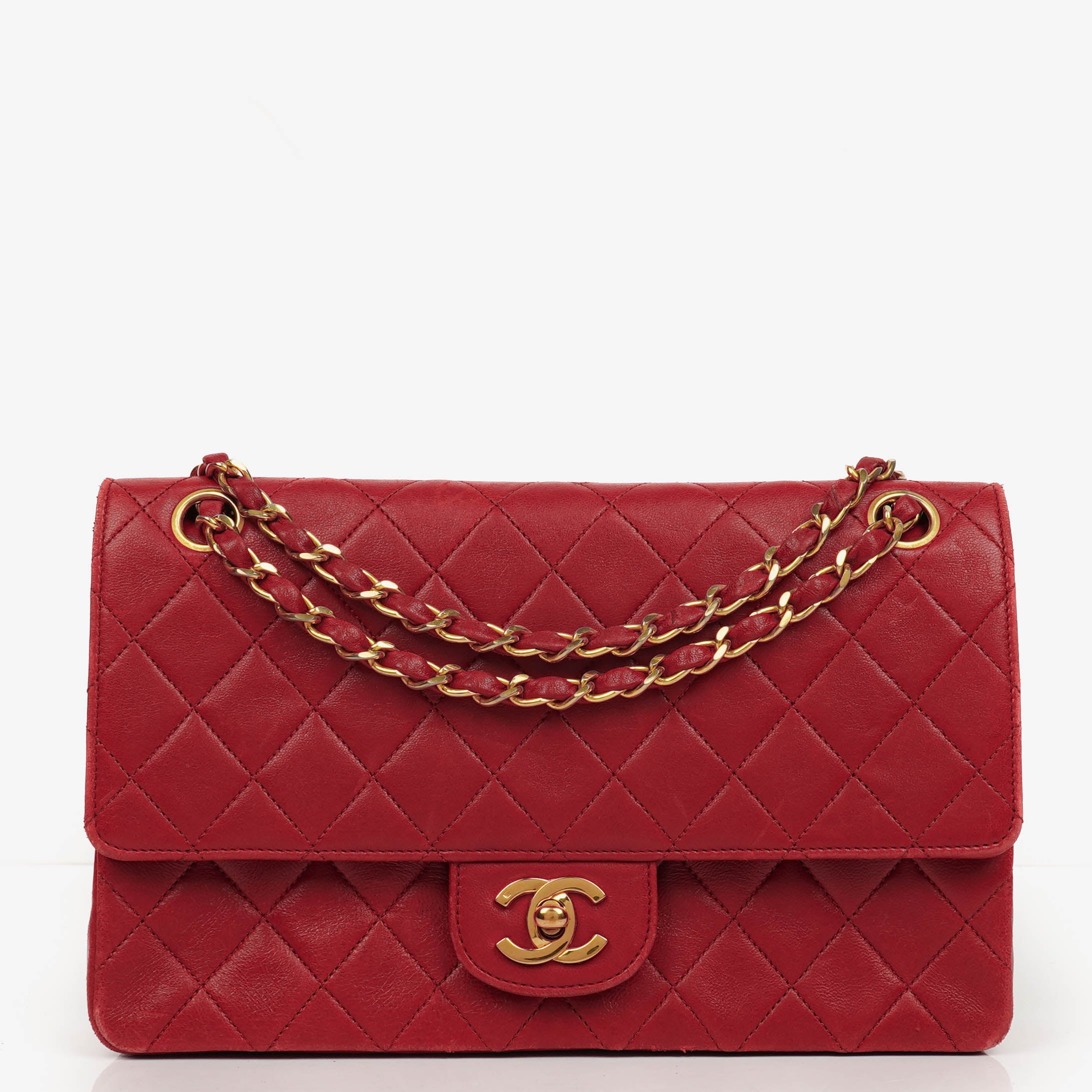 Chanel Vintage Classic Double Flap Bag in Quilted Red Lambskin with 24K Gold-Plated Hardware