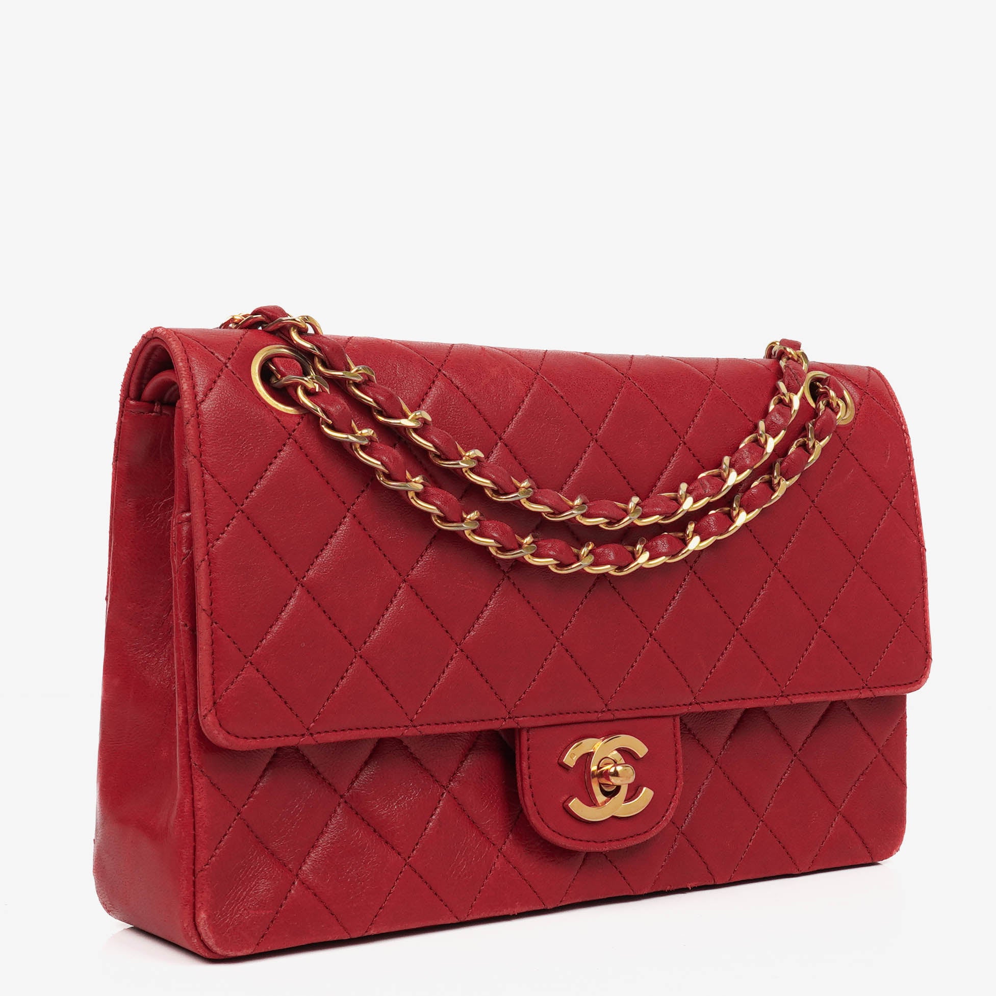 Chanel Vintage Classic Double Flap Bag in Quilted Red Lambskin with 24K Gold-Plated Hardware