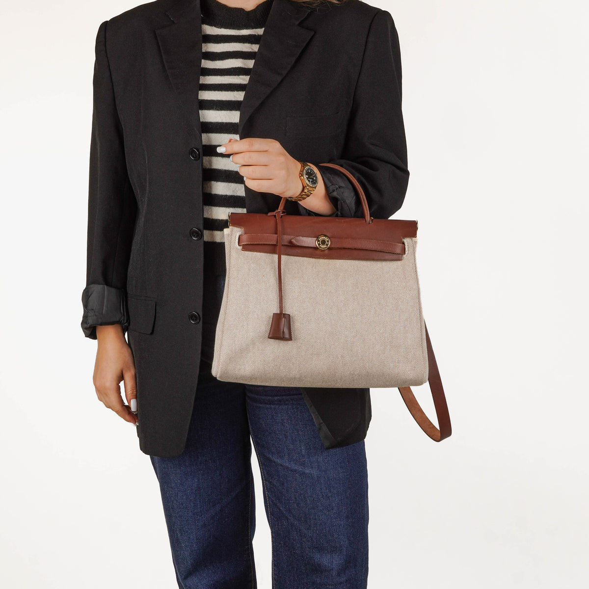 Hermes Herbag Brown PM Vache Hunter Toile 2 Way Bag