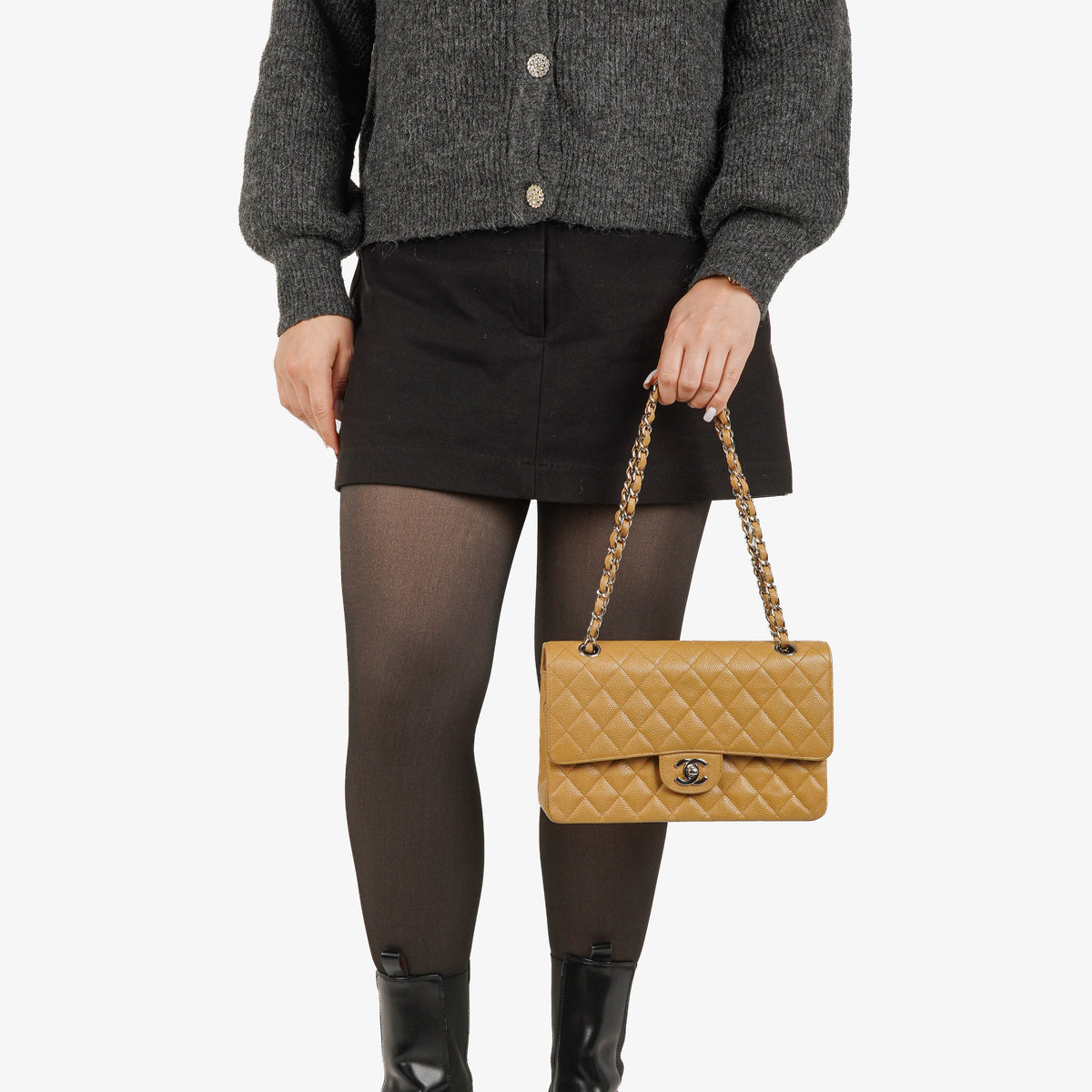 Chanel Medium Classic Vintage Double Flap Bag Beige Quilted Caviar Leather With Silver-Tone Hardware
