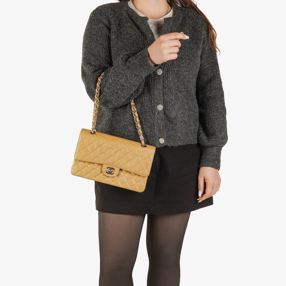 Chanel Medium Classic Vintage Double Flap Bag Beige Quilted Caviar Leather With Silver-Tone Hardware