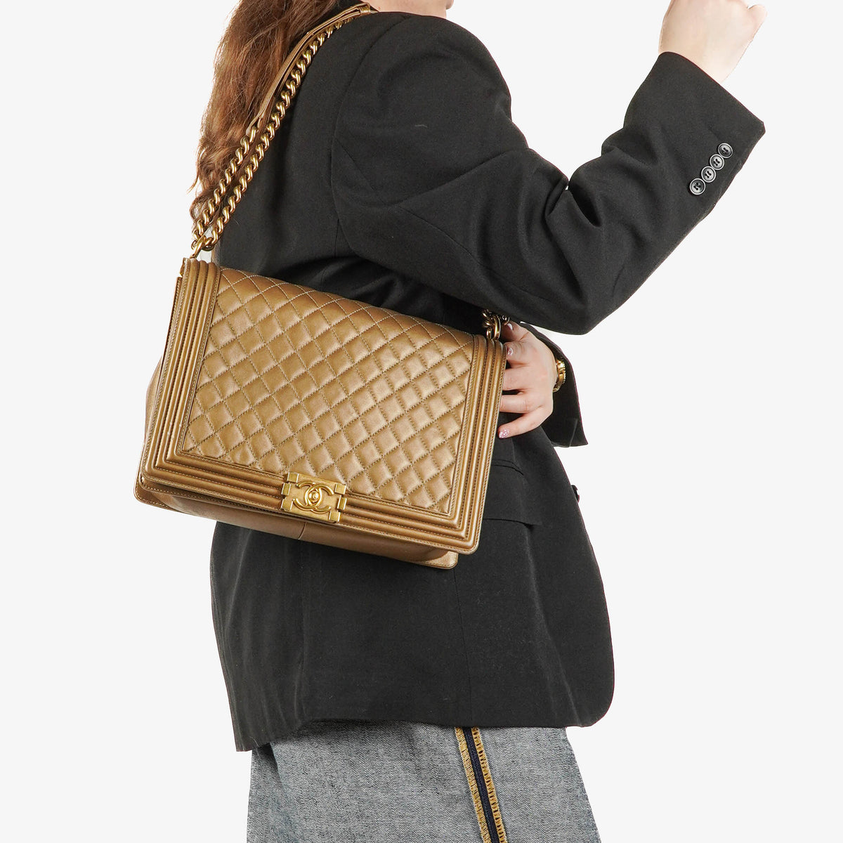 Chanel Large Boy Gold Metalic Quilted Flap Bag With Aged Gold Hardware