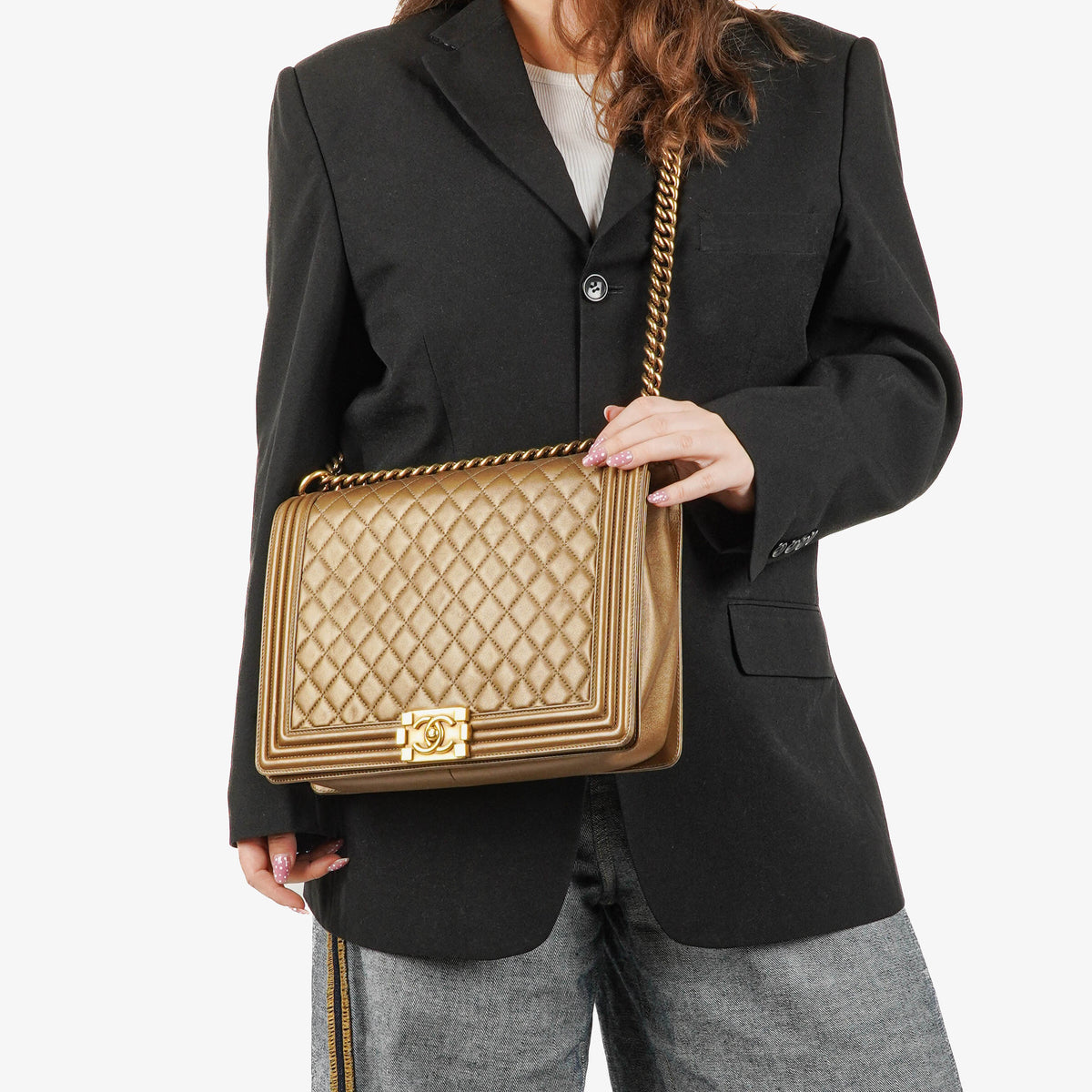 Chanel Large Boy Gold Metalic Quilted Flap Bag With Aged Gold Hardware