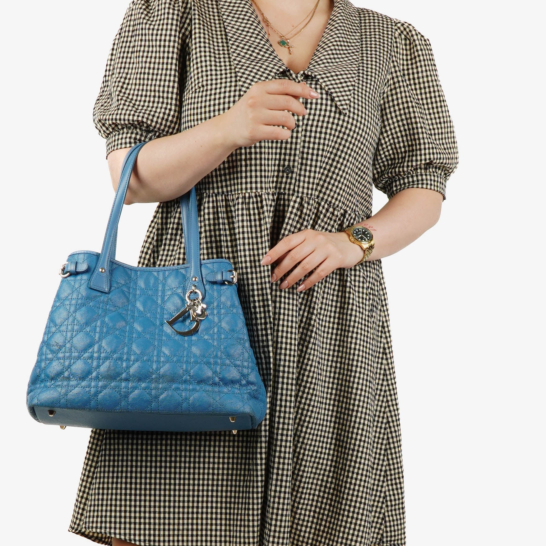Christian Dior Blue Cannage Quilted Coated Canvas Medium Panarea Tote Bag