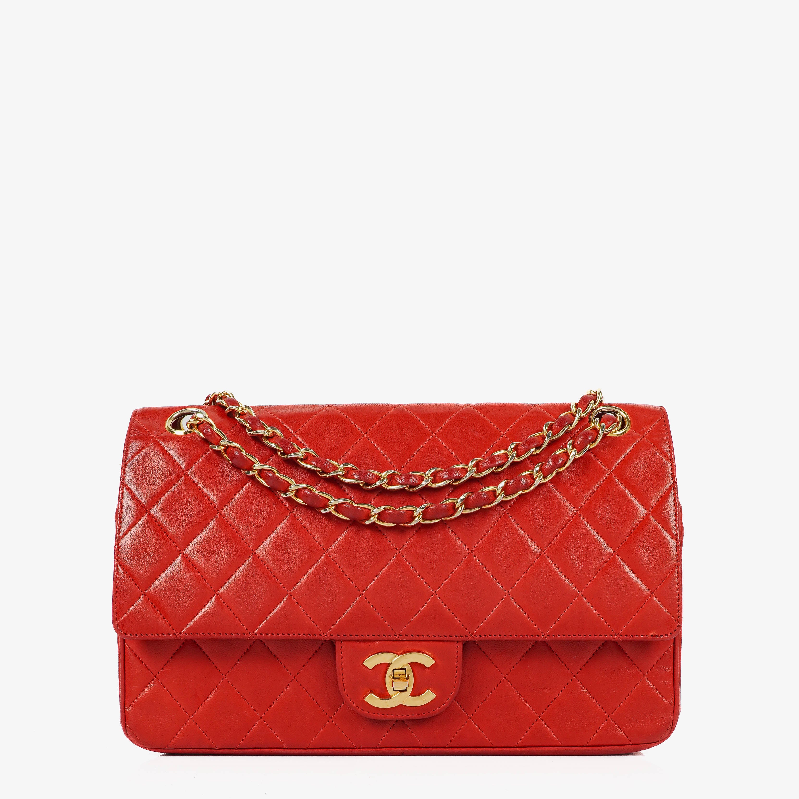 Chanel Vintage Classic Medium Double Flap Bag in Quilted Red Lambskin with 24-karat Gold-Plated Hardware
