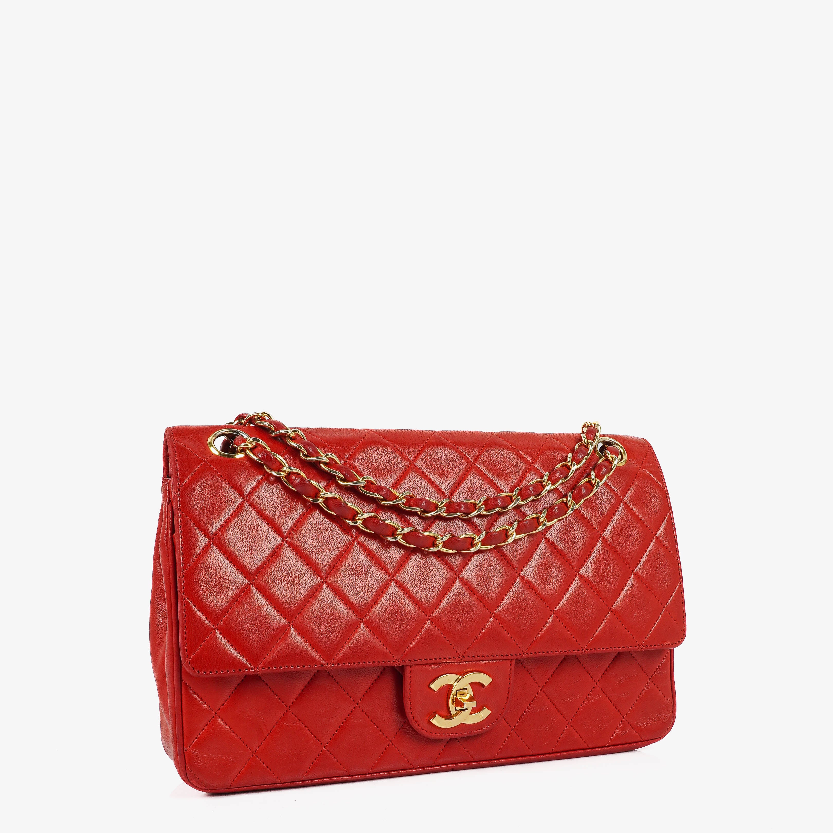 Chanel Vintage Classic Medium Double Flap Bag in Quilted Red Lambskin with 24-karat Gold-Plated Hardware