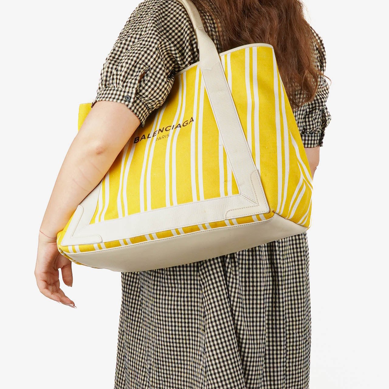 Balenciaga Yellow/White Navy Cabas Calfskin Logo Print Handbag