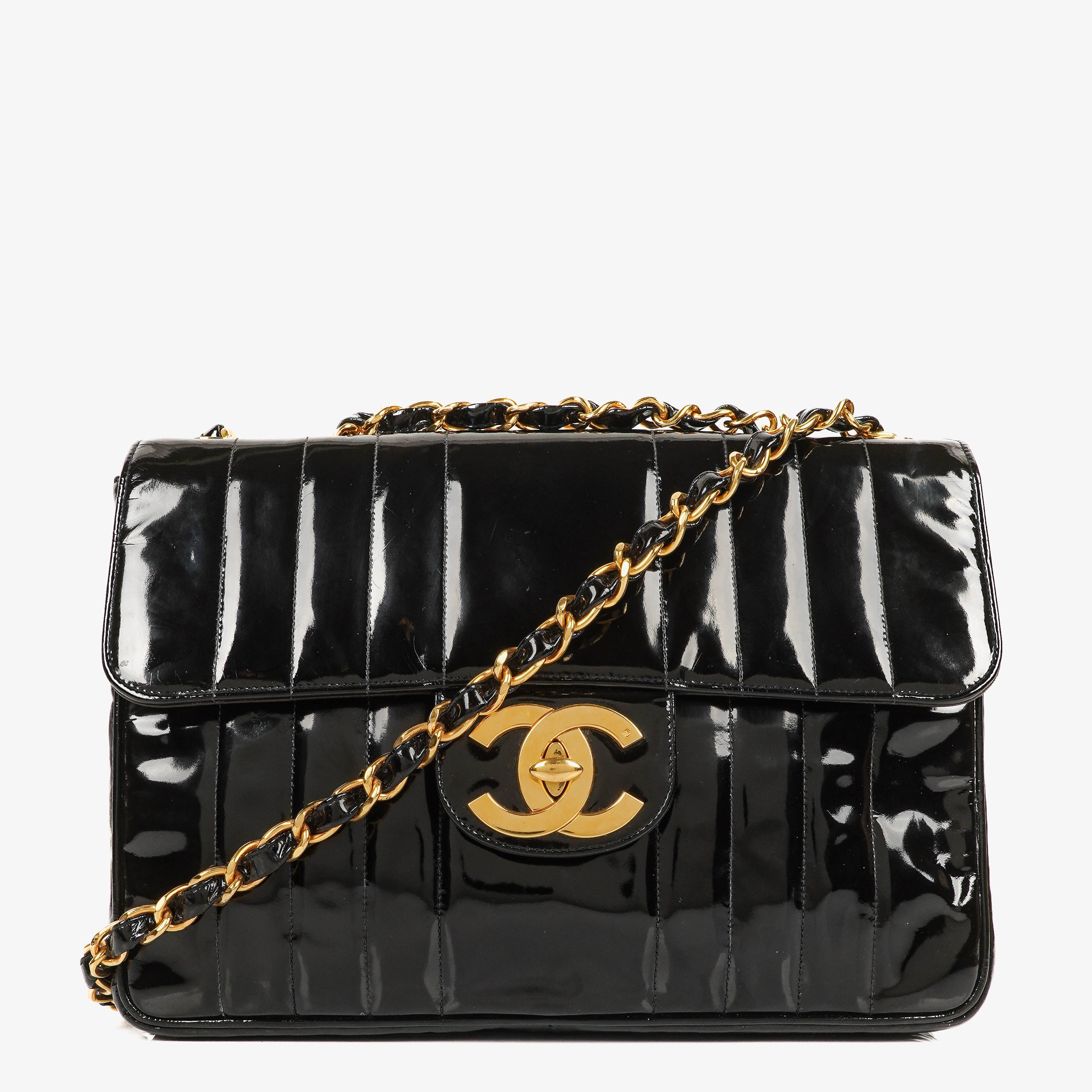 Chanel Jumbo CC Vertical Black Quilted Patent Leather Flap Bag 24K Gold-Plated Hardware
