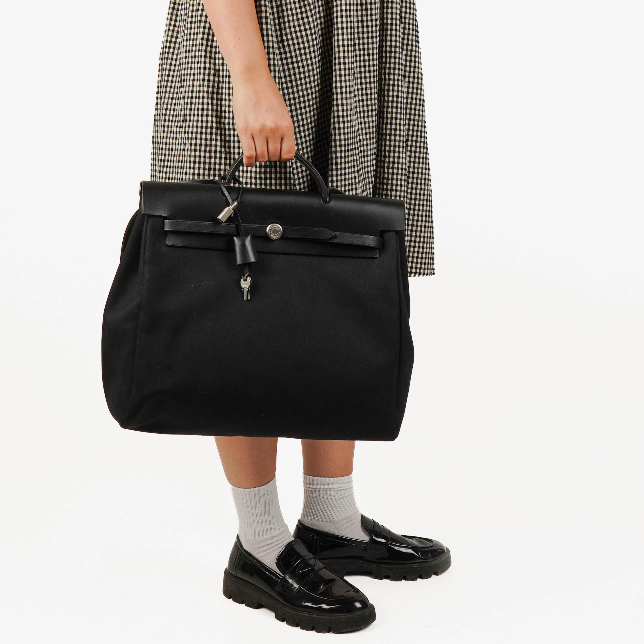 Hermes Herbag Canvas Vache Hunter Black 2 In 1 Bag