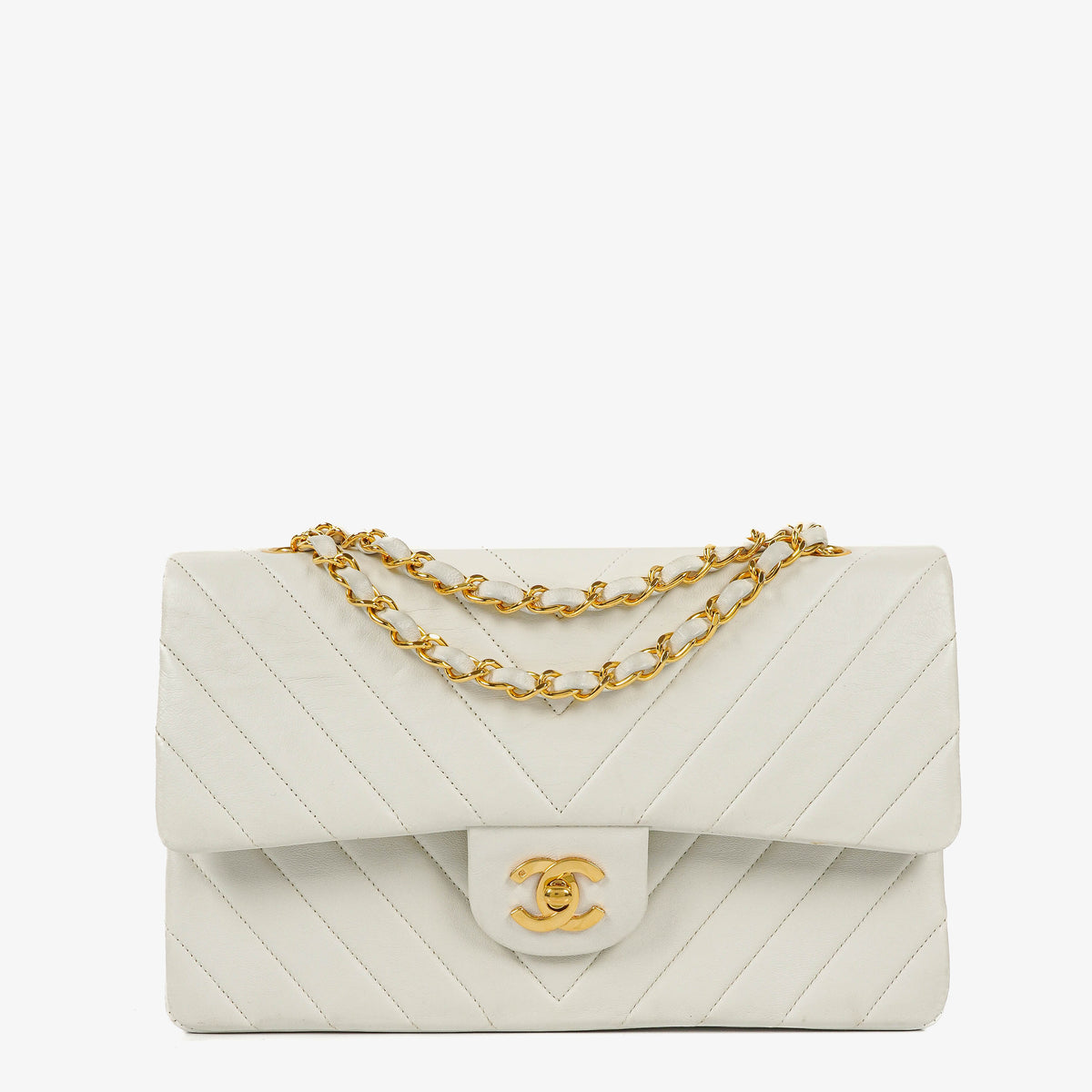 Chanel Medium Classic Double Flap Bag White Chevron Quilted Lambskin 24K Gold-Plated Hardware