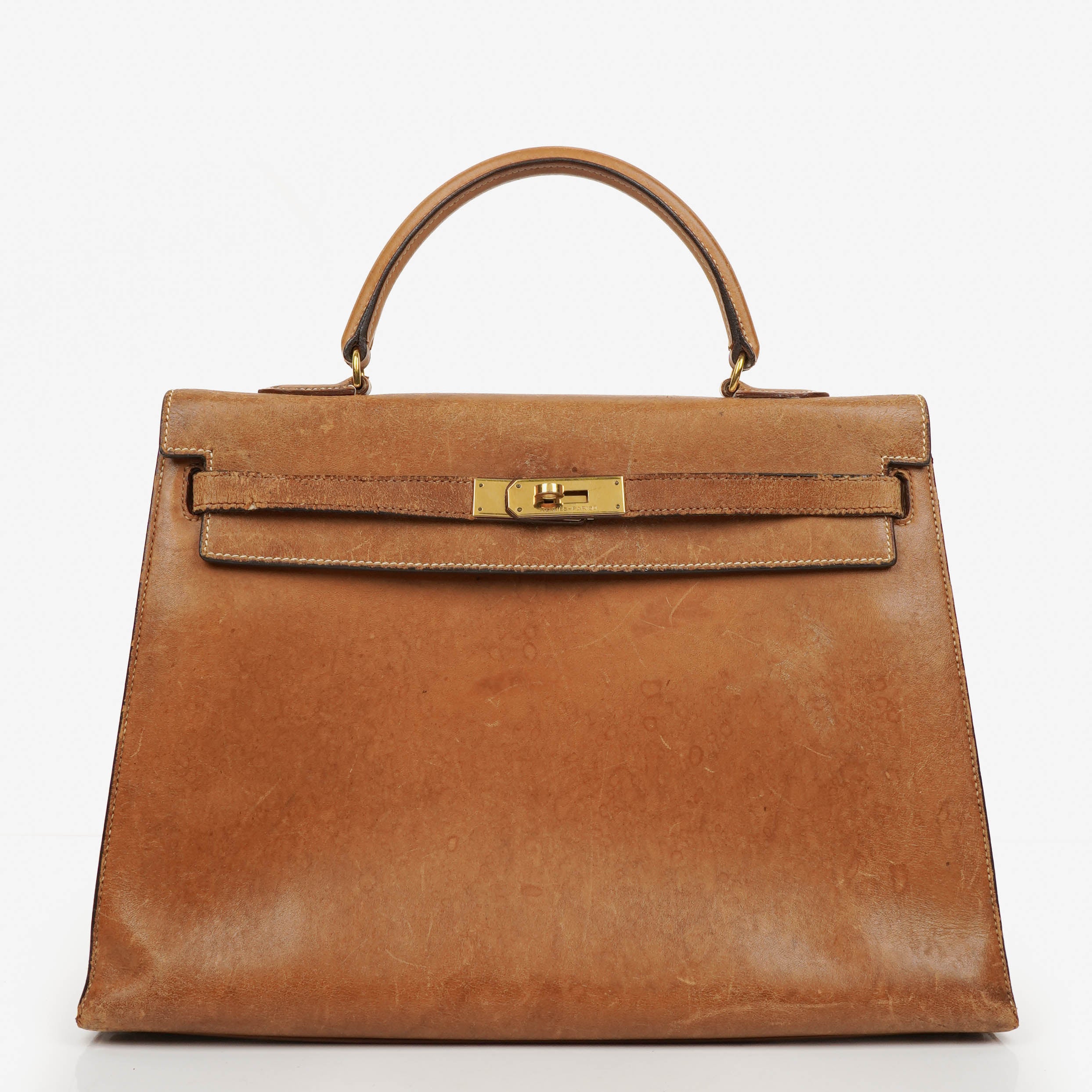 Hermes Vintage Kelly 35 Sellier In Vache Naturelle With Gold Hardware