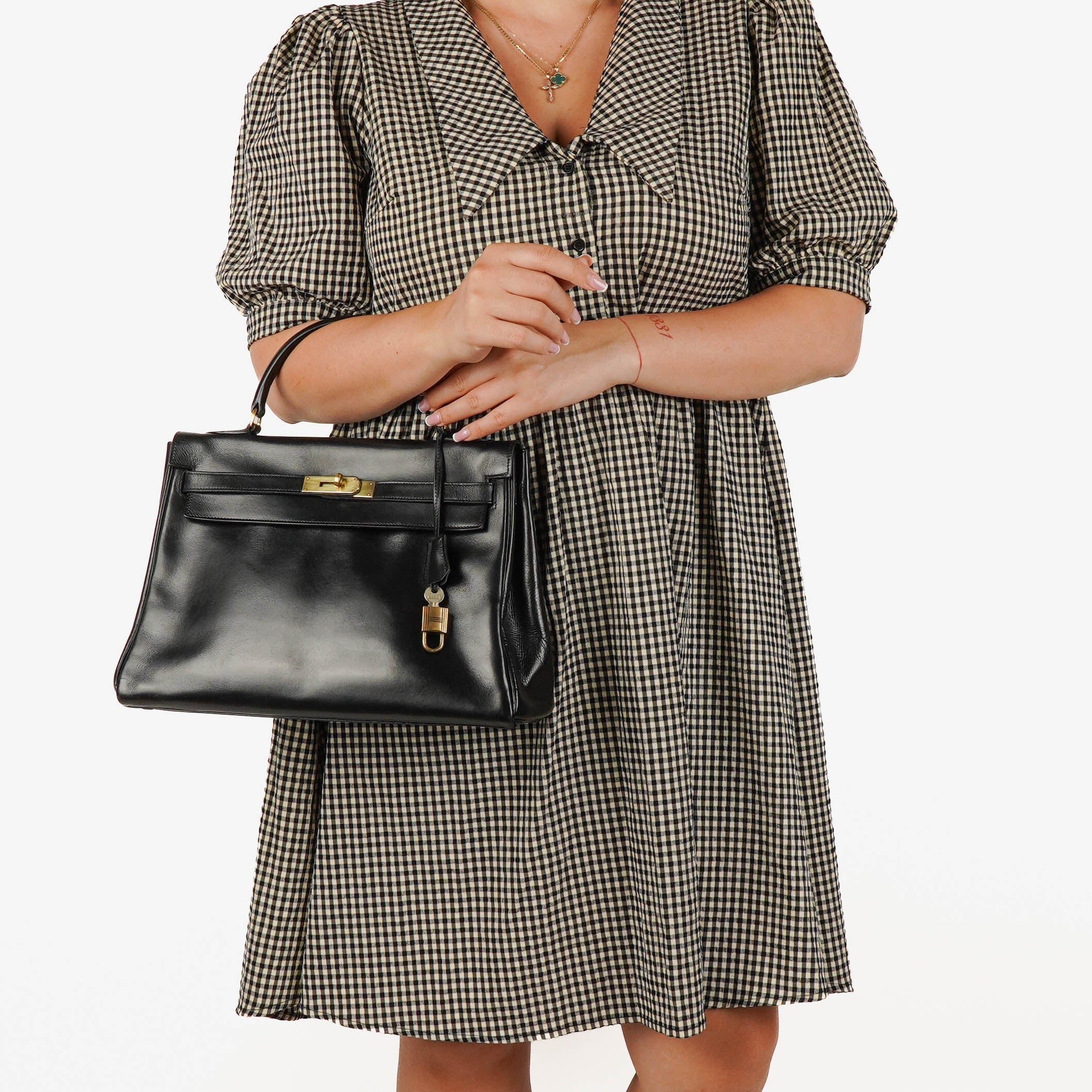 Hermes Vintage Kelly 32 Retourne In Black Box Calf With Gold Hardware
