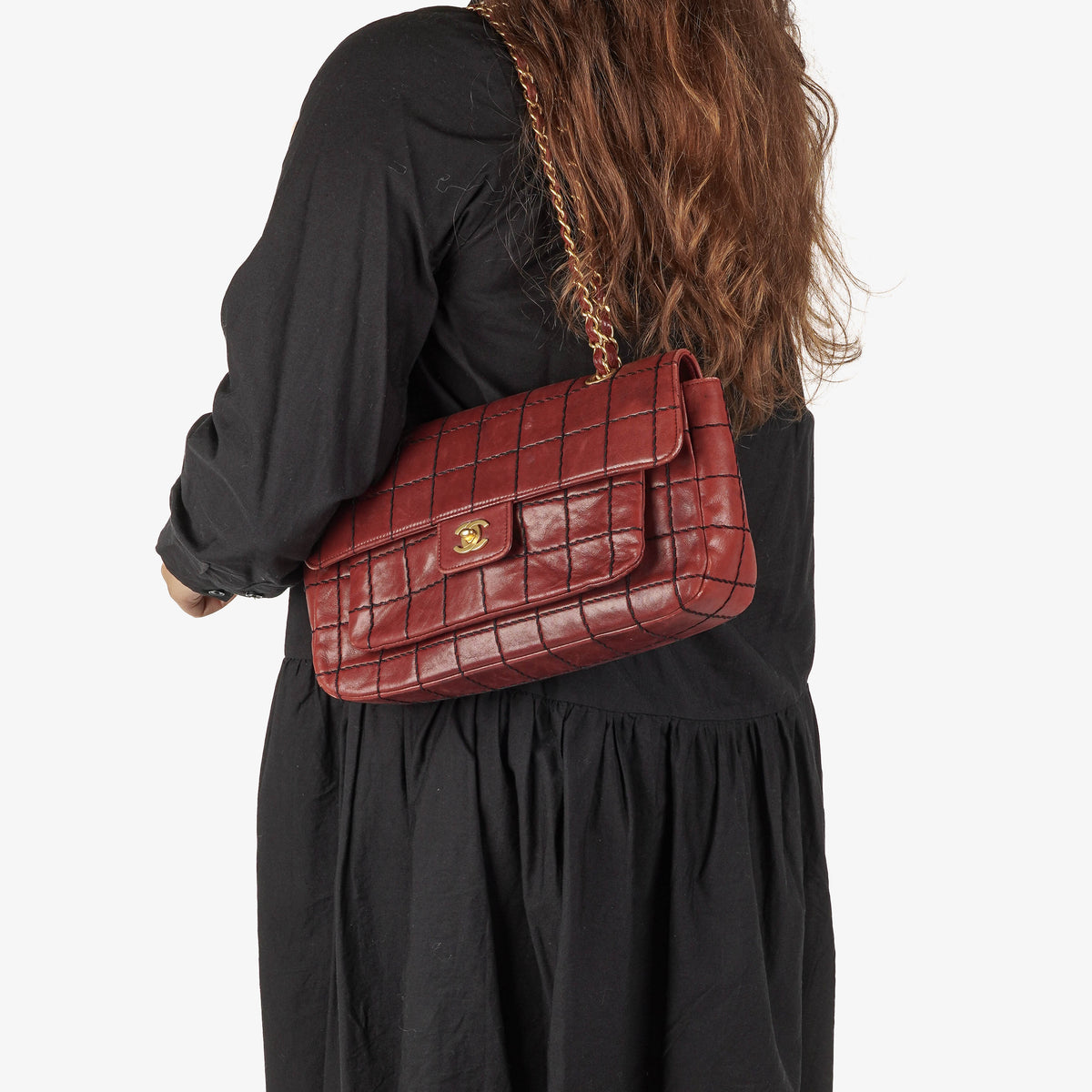 Chanel Double Stitch Red Square Lambskin Flap Bag
