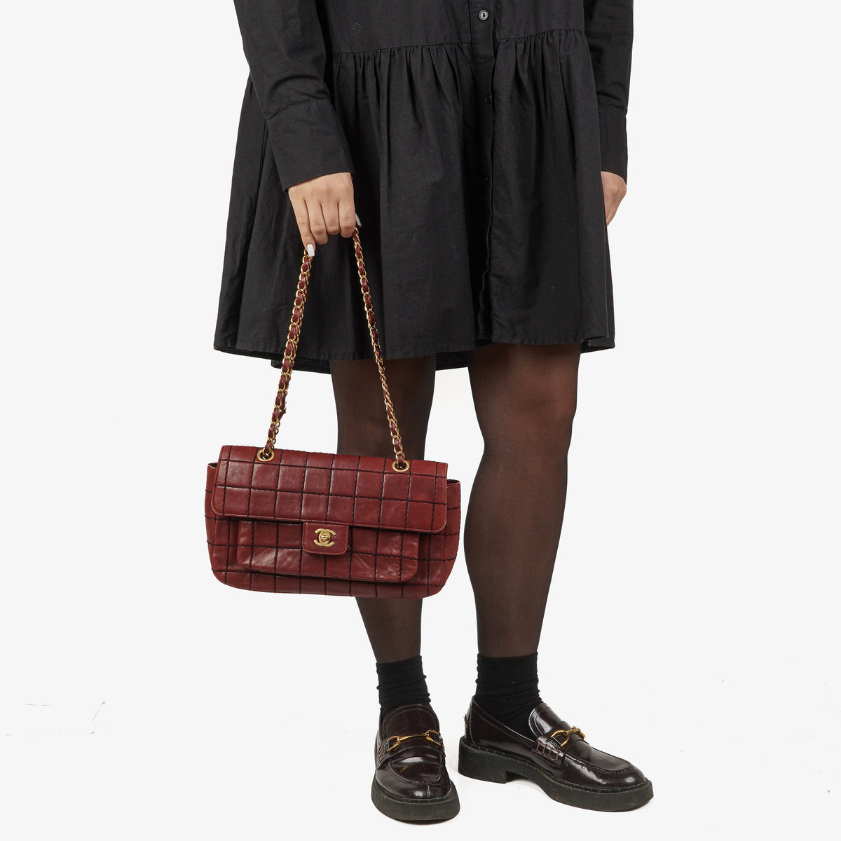 Chanel Double Stitch Red Square Lambskin Flap Bag