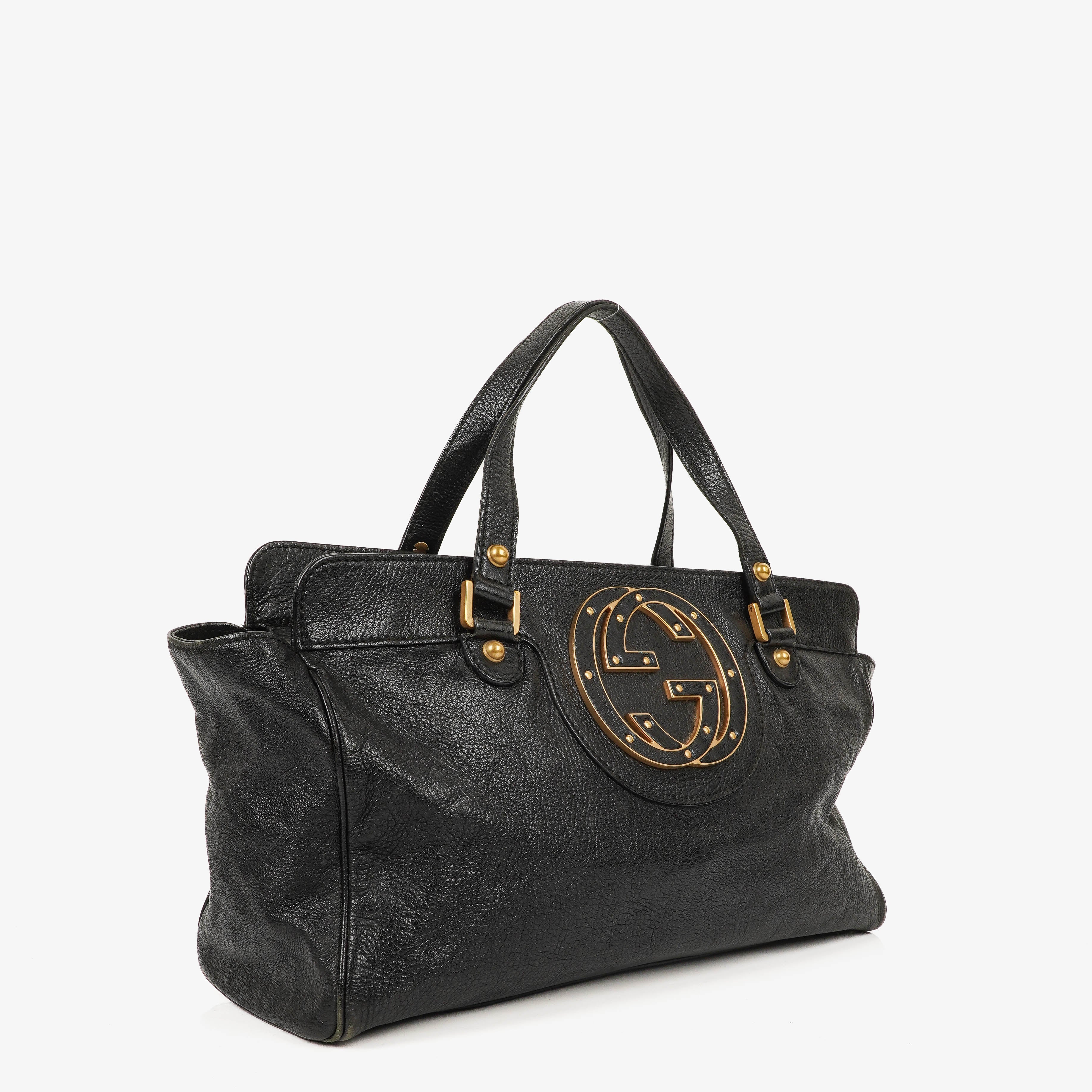 Gucci Studded GG Logo Black Leather Tote Bag