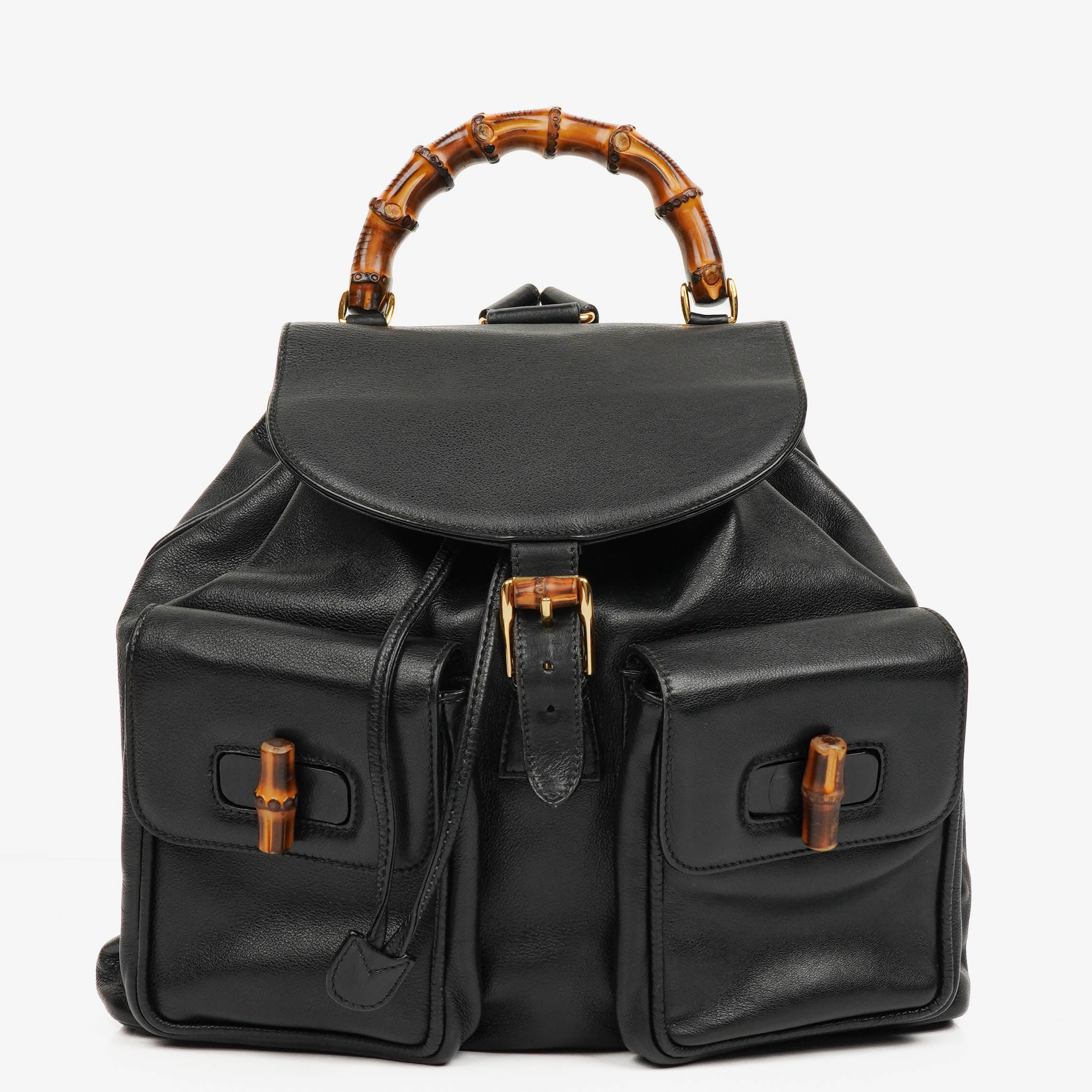 Gucci Vintage Black Leather Bamboo Backpack