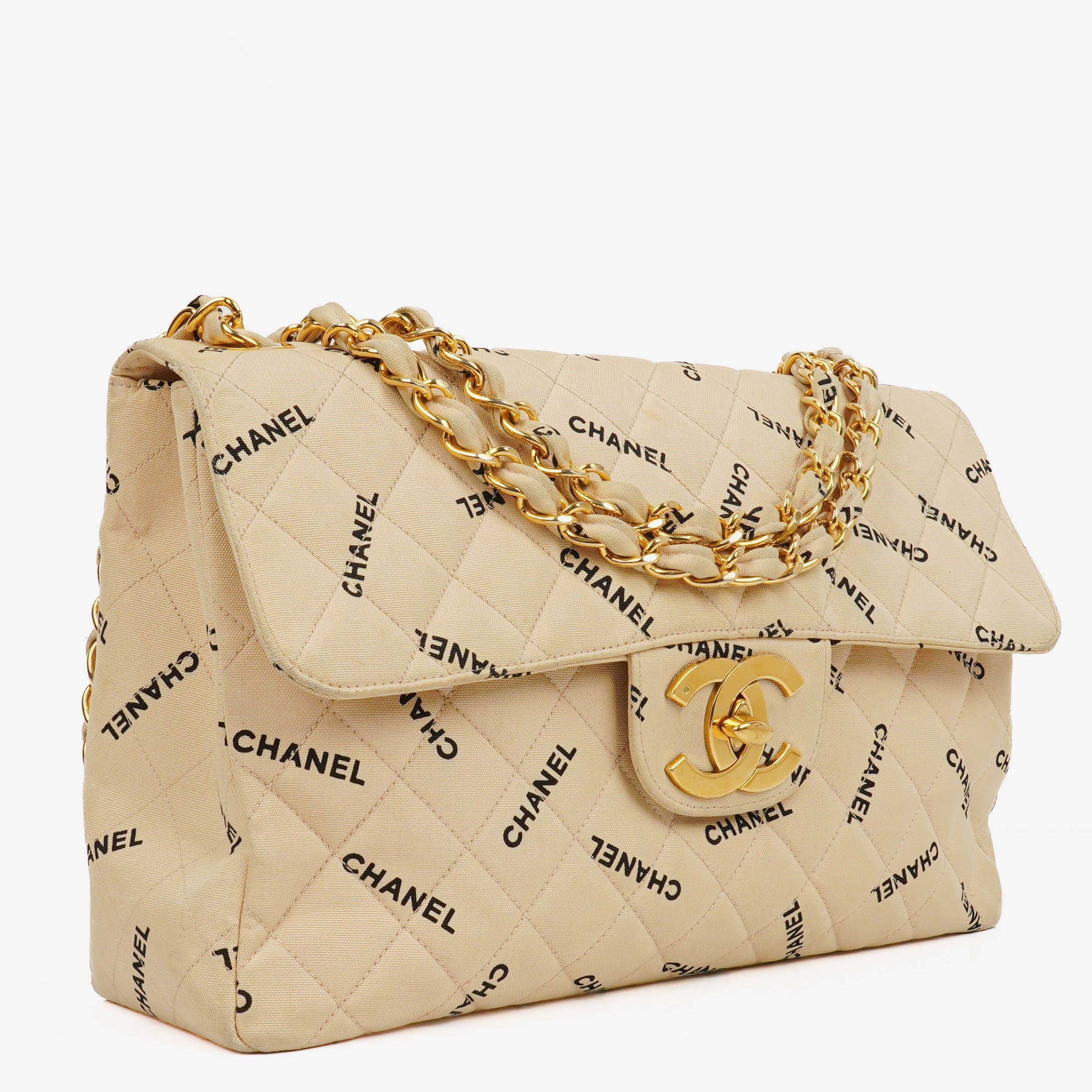Chanel Jumbo Letter Logo Bag Beige Canvas With 24K Gold-Plated Hardware