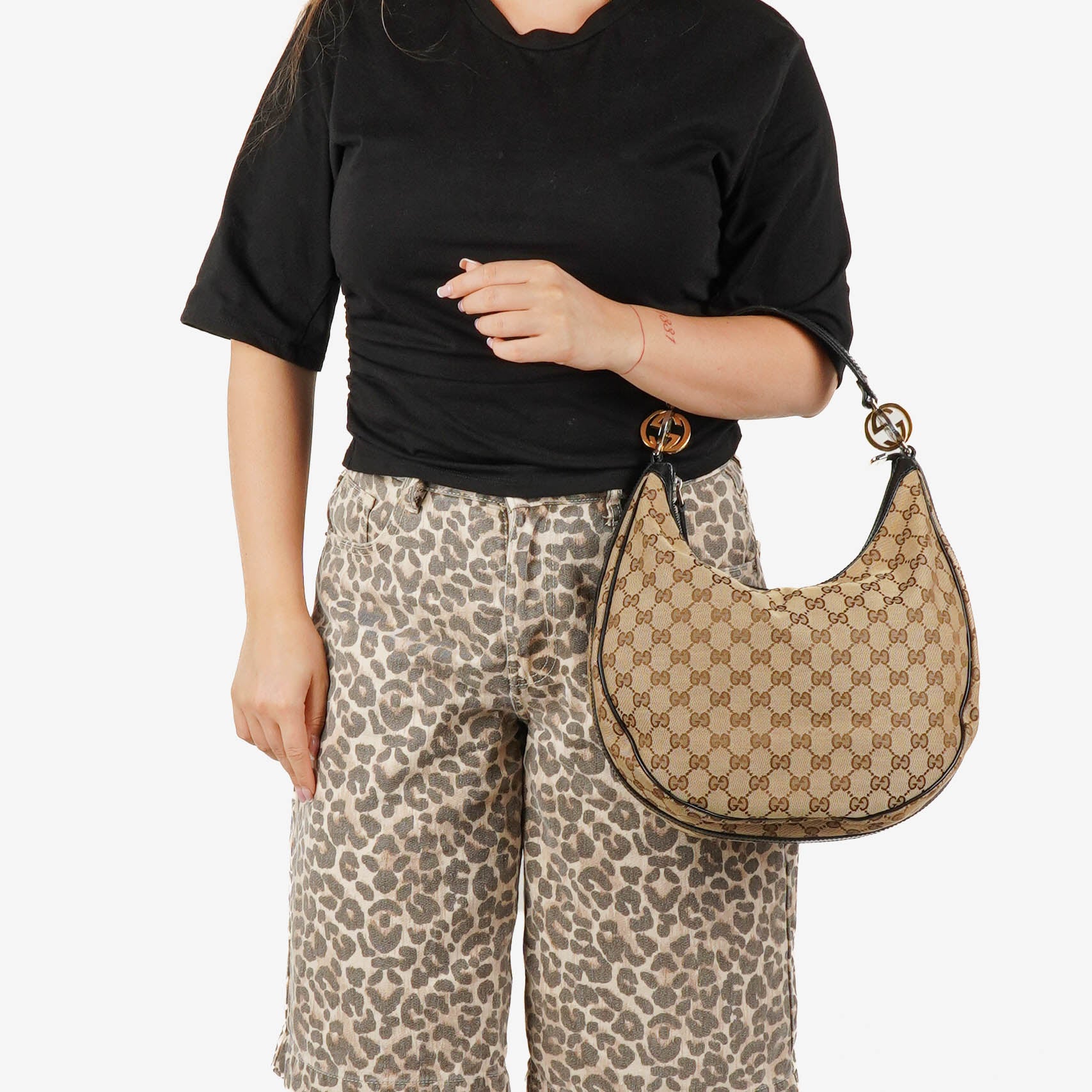 Gucci Beige GG Monogram Canvas And Black Leather Twins Hobo Bag