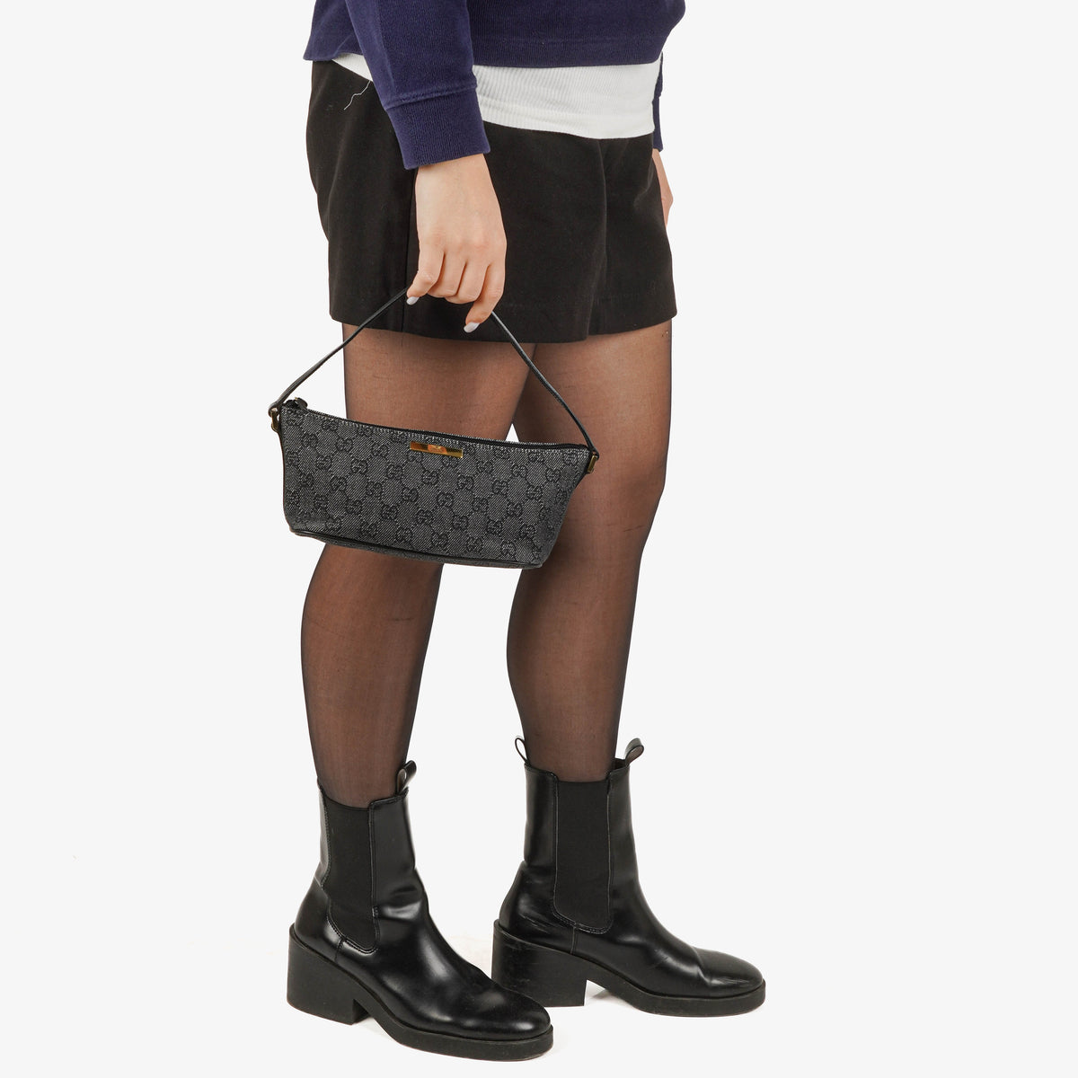 Gucci Baguette Pochette Boat Black Denim GG Monogram Bag