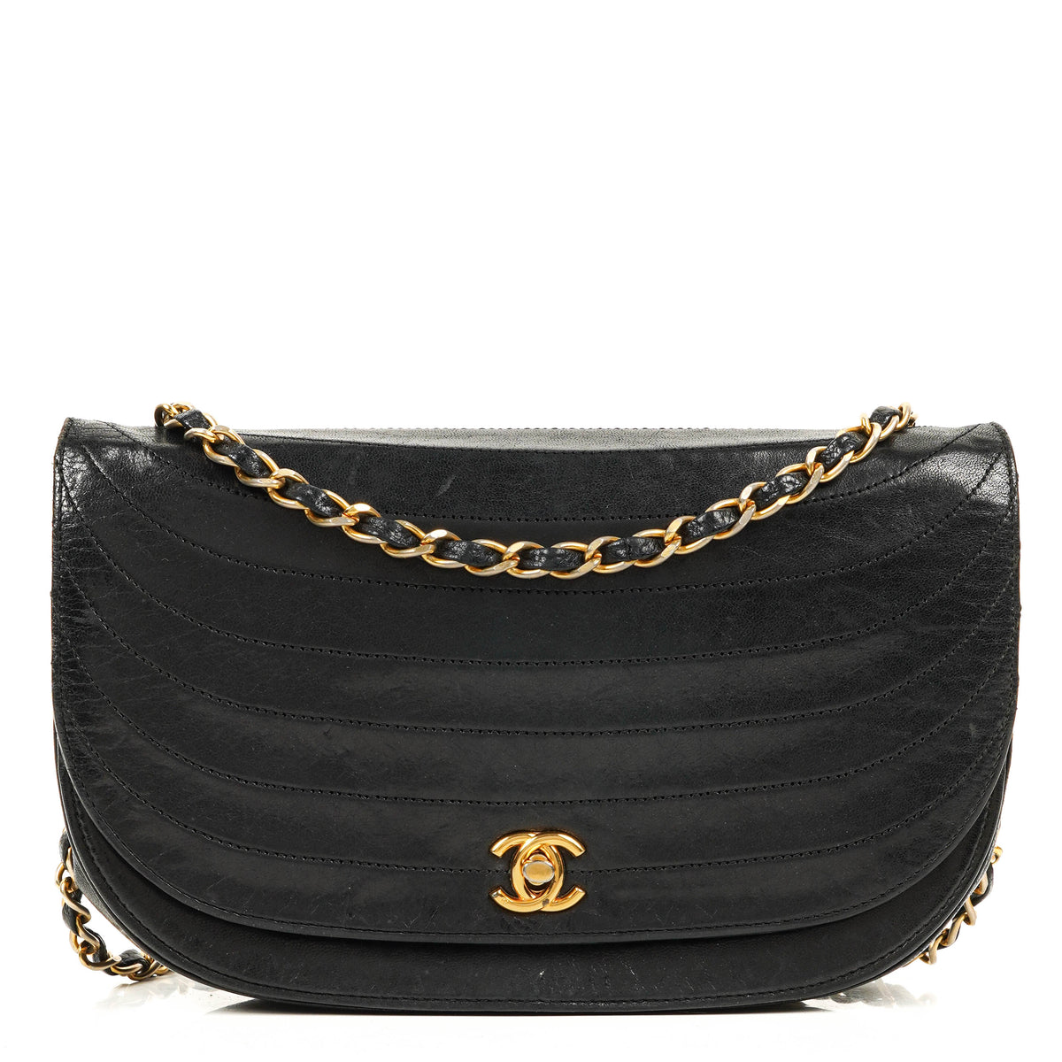 Chanel Classic Lambskin Half Moon Black Flap Bag With 24K Gold-Plated Hardware
