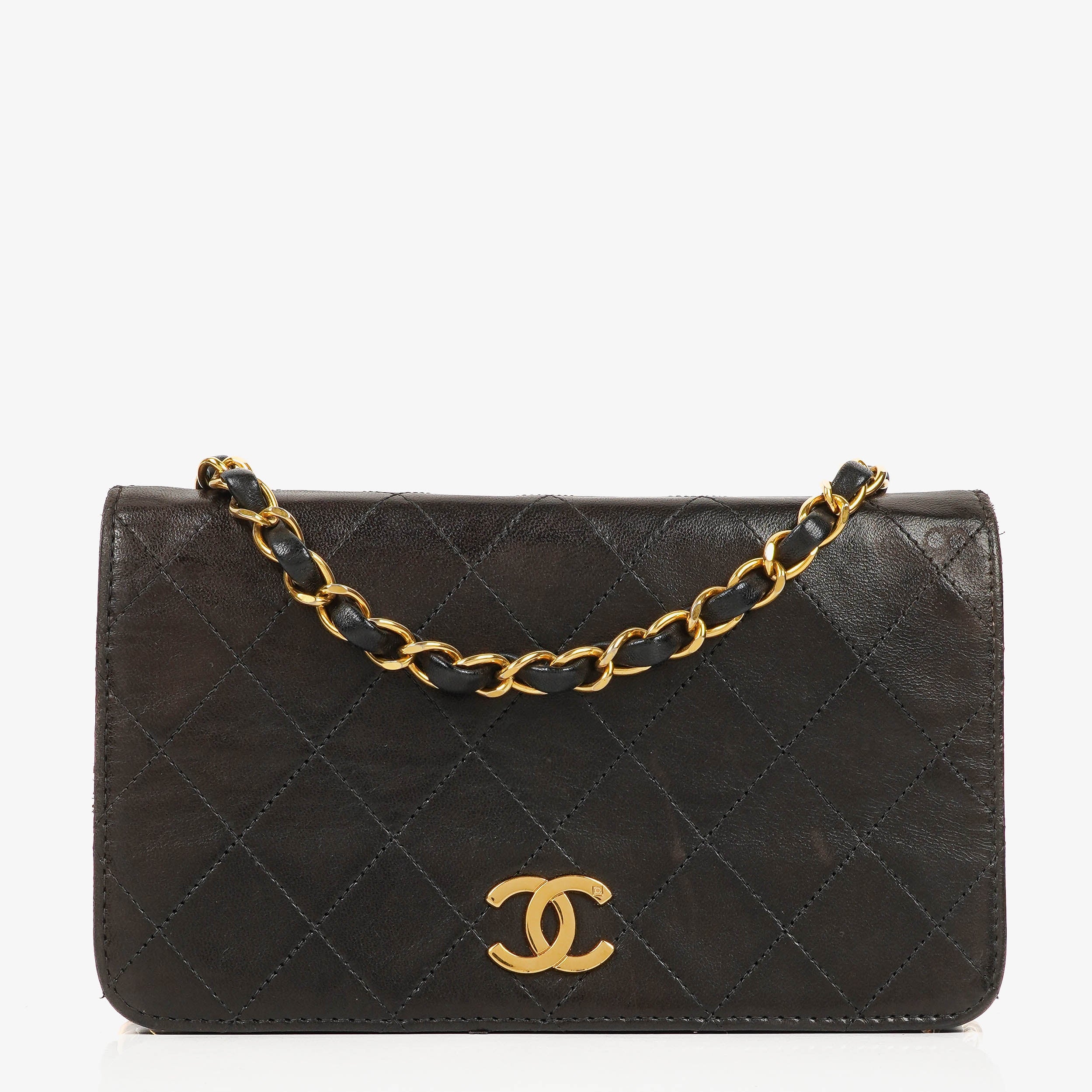Chanel Mini Classic Black Quilted Lambskin Full Flap Wallet On Chain WOC With 24K Gold-Plated Hardware