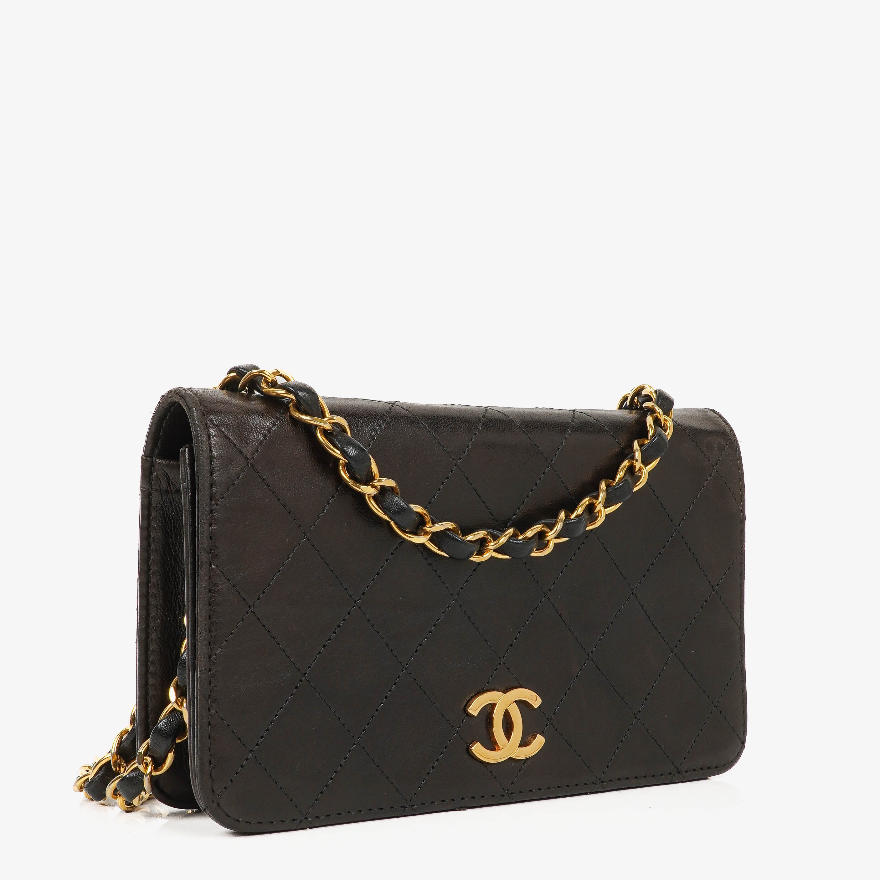 Chanel Mini Classic Black Quilted Lambskin Full Flap Wallet On Chain WOC With 24K Gold-Plated Hardware