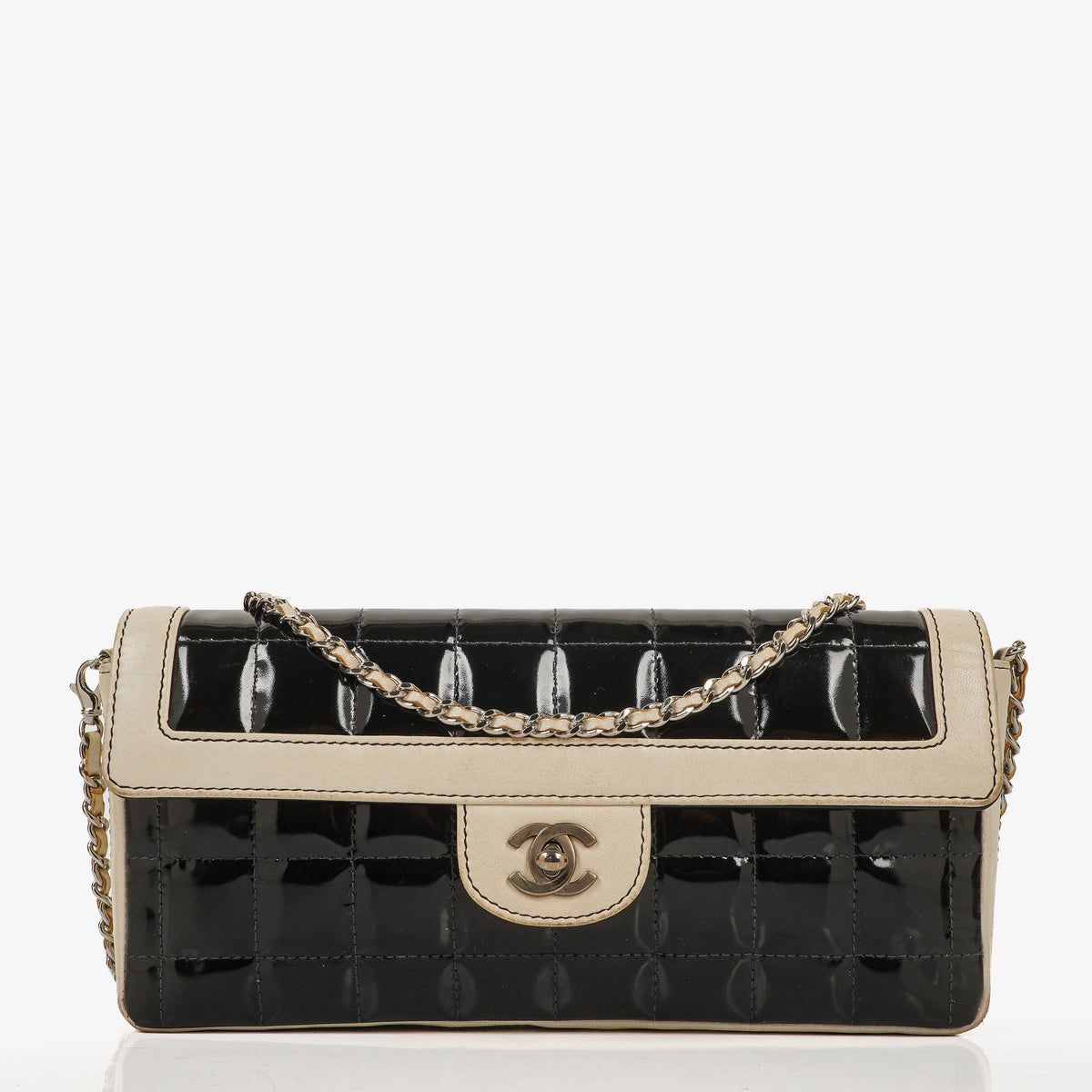 Chanel East West Chocolate Bar Flap Bag Bi-Color Quilted Patent Leather and Silver-Tone Hardware