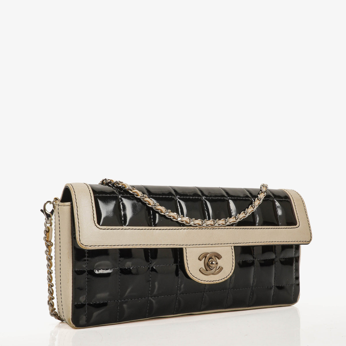 Chanel East West Chocolate Bar Flap Bag Bi-Color Quilted Patent Leather and Silver-Tone Hardware